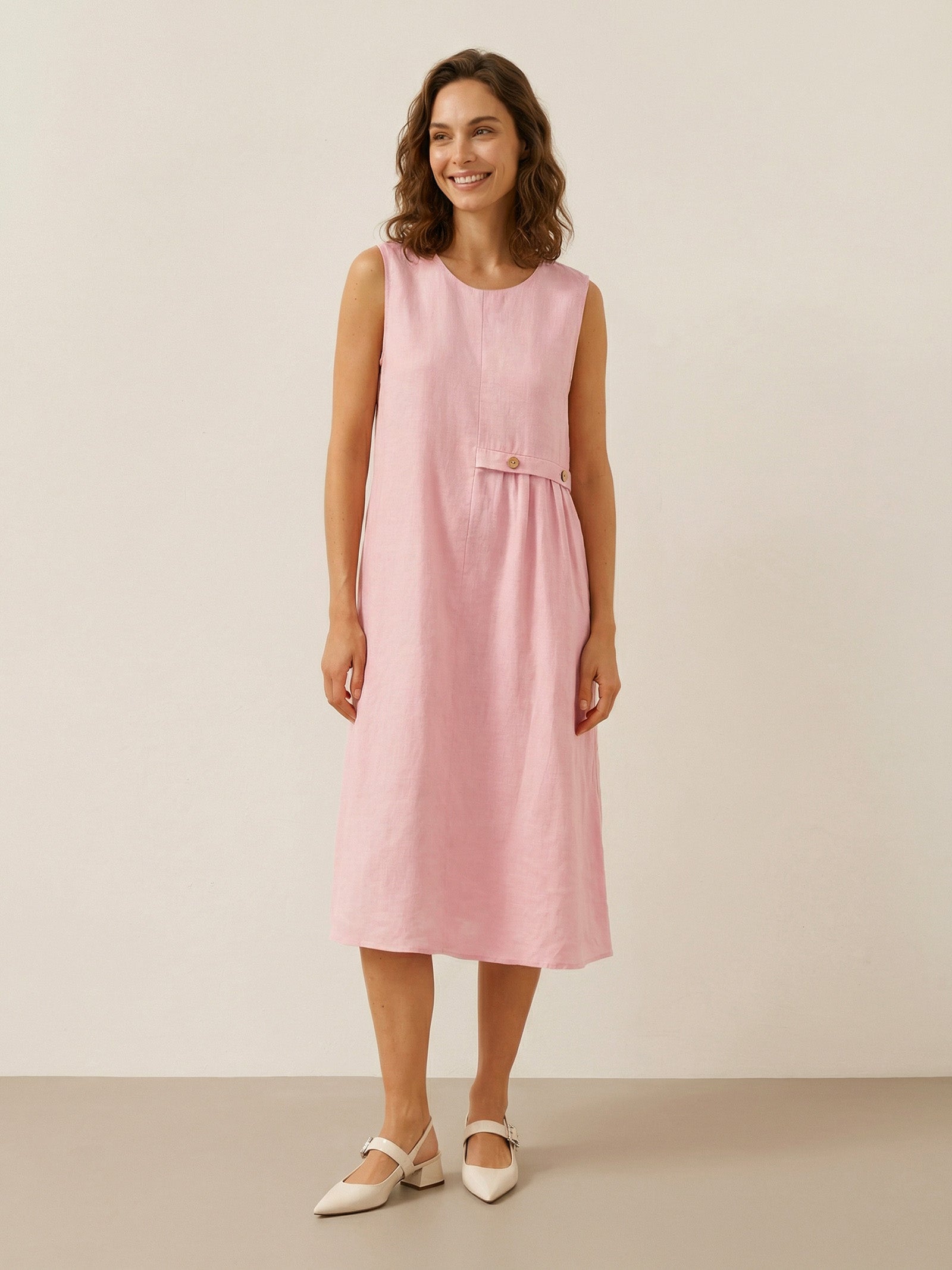 100% Linen Sleeveless Accordion Pleat Midi Dress TINA