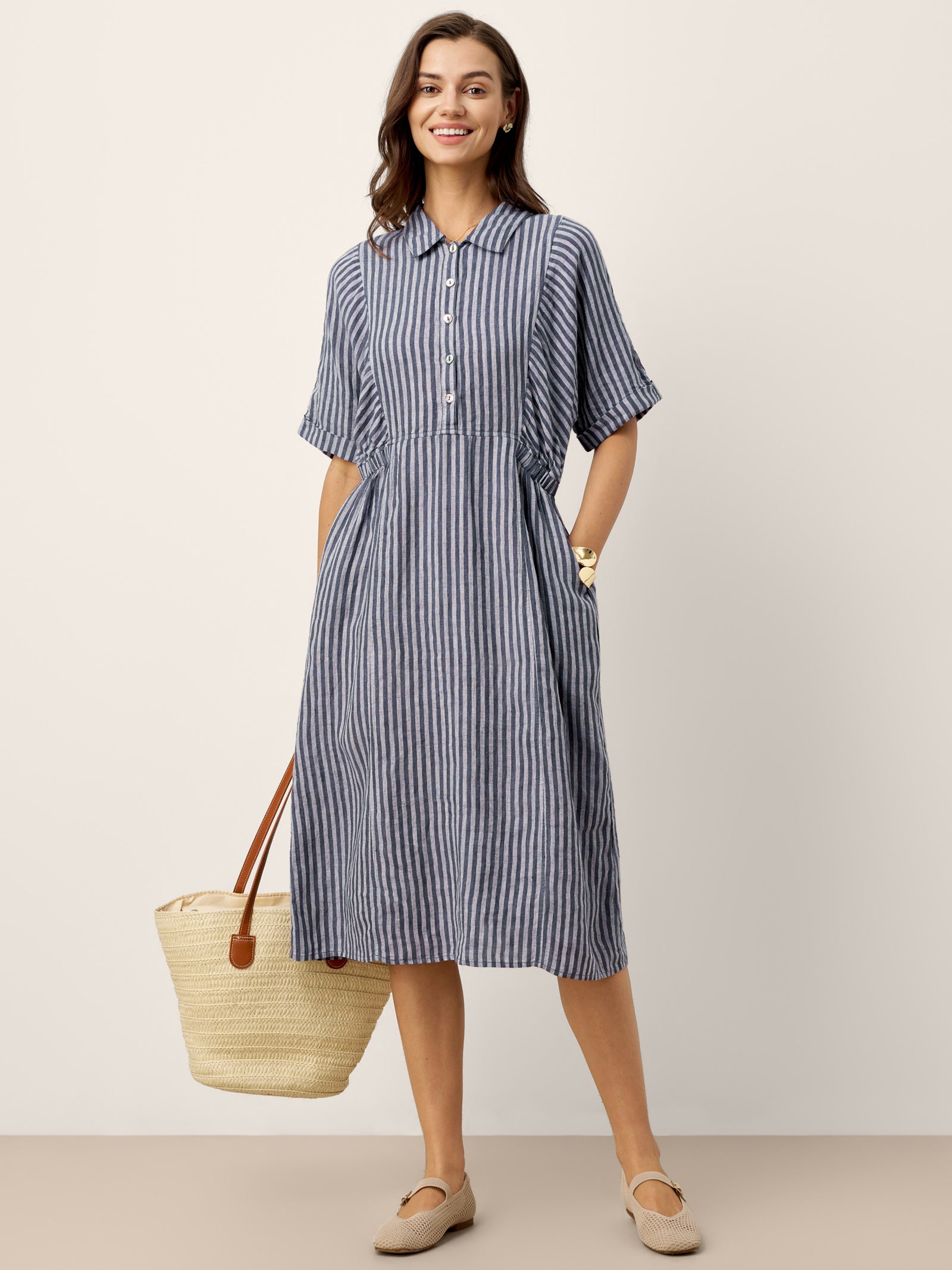 100% Linen Striped Buttoned Front Short Sleeve Midi Shirt Dress CASSANDRA