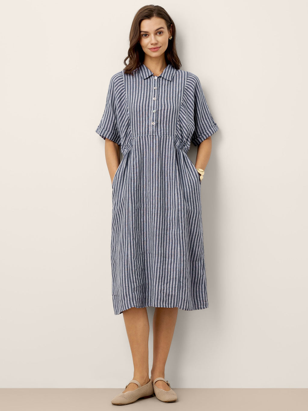 100% Linen Striped Buttoned Front Short Sleeve Midi Shirt Dress CASSANDRA