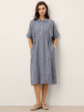 100% Linen Striped Buttoned Front Short Sleeve Midi Shirt Dress CASSANDRA