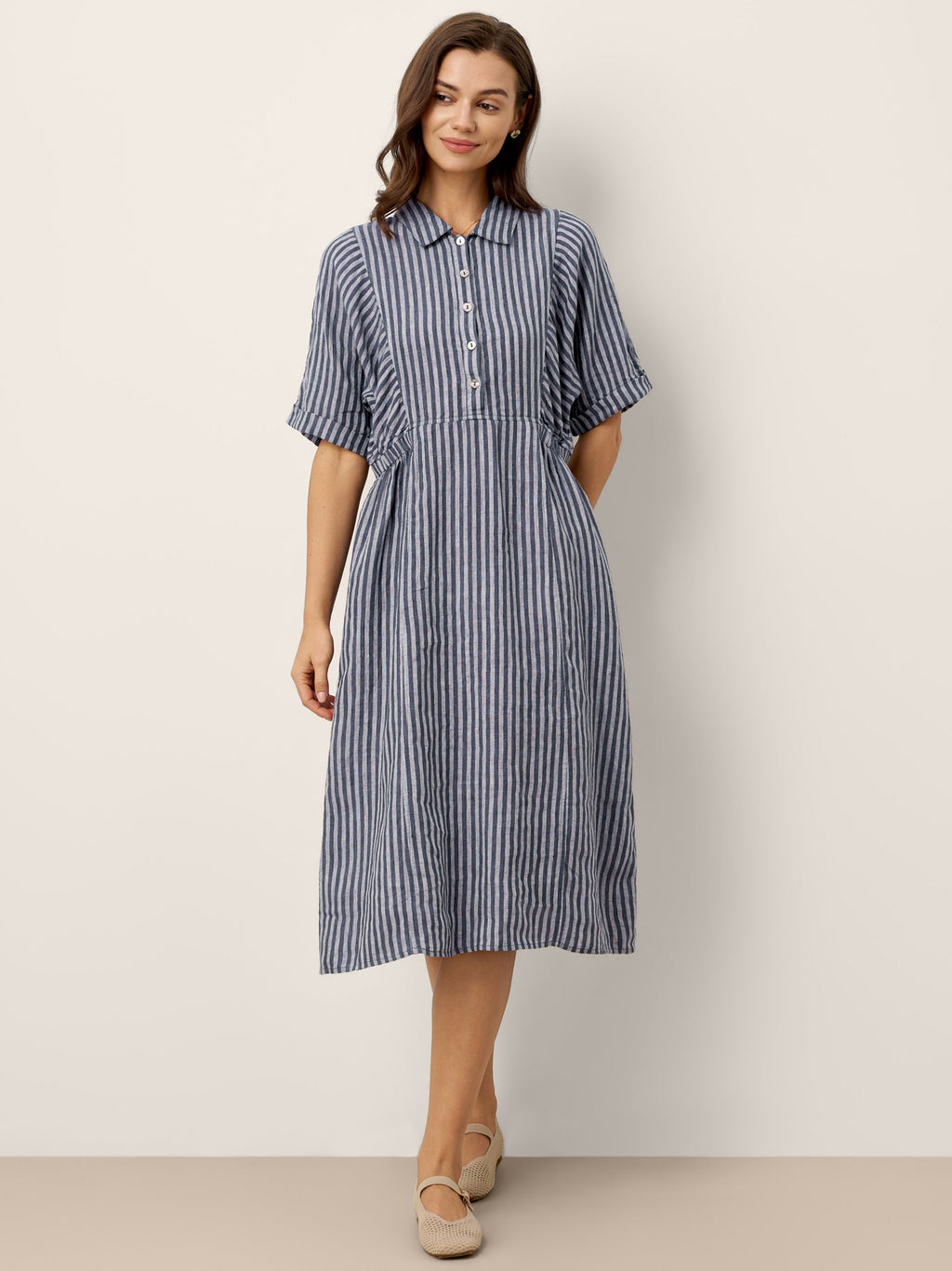 100% Linen Striped Buttoned Front Short Sleeve Midi Shirt Dress CASSANDRA