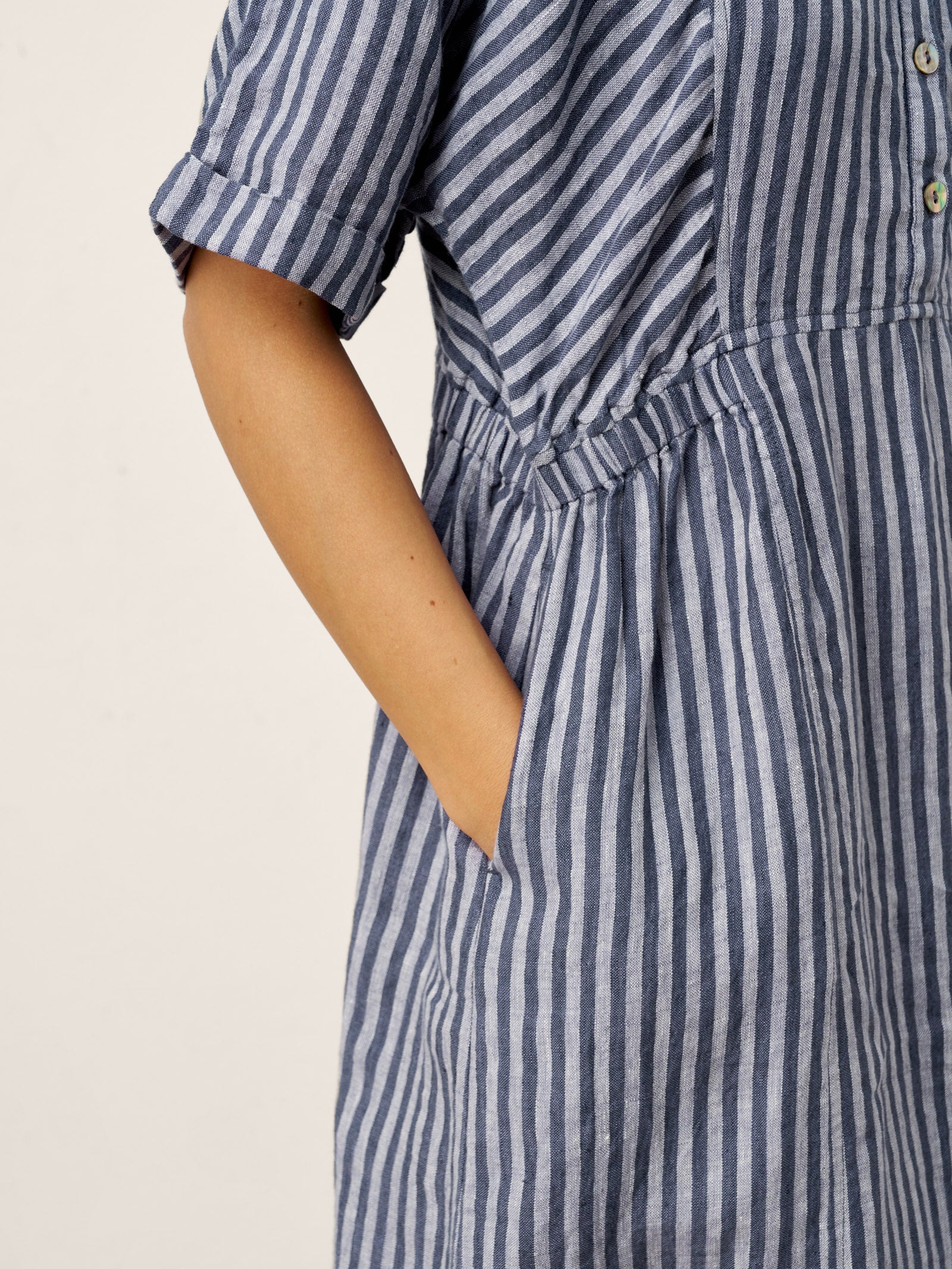100% Linen Striped Buttoned Front Short Sleeve Midi Shirt Dress CASSANDRA