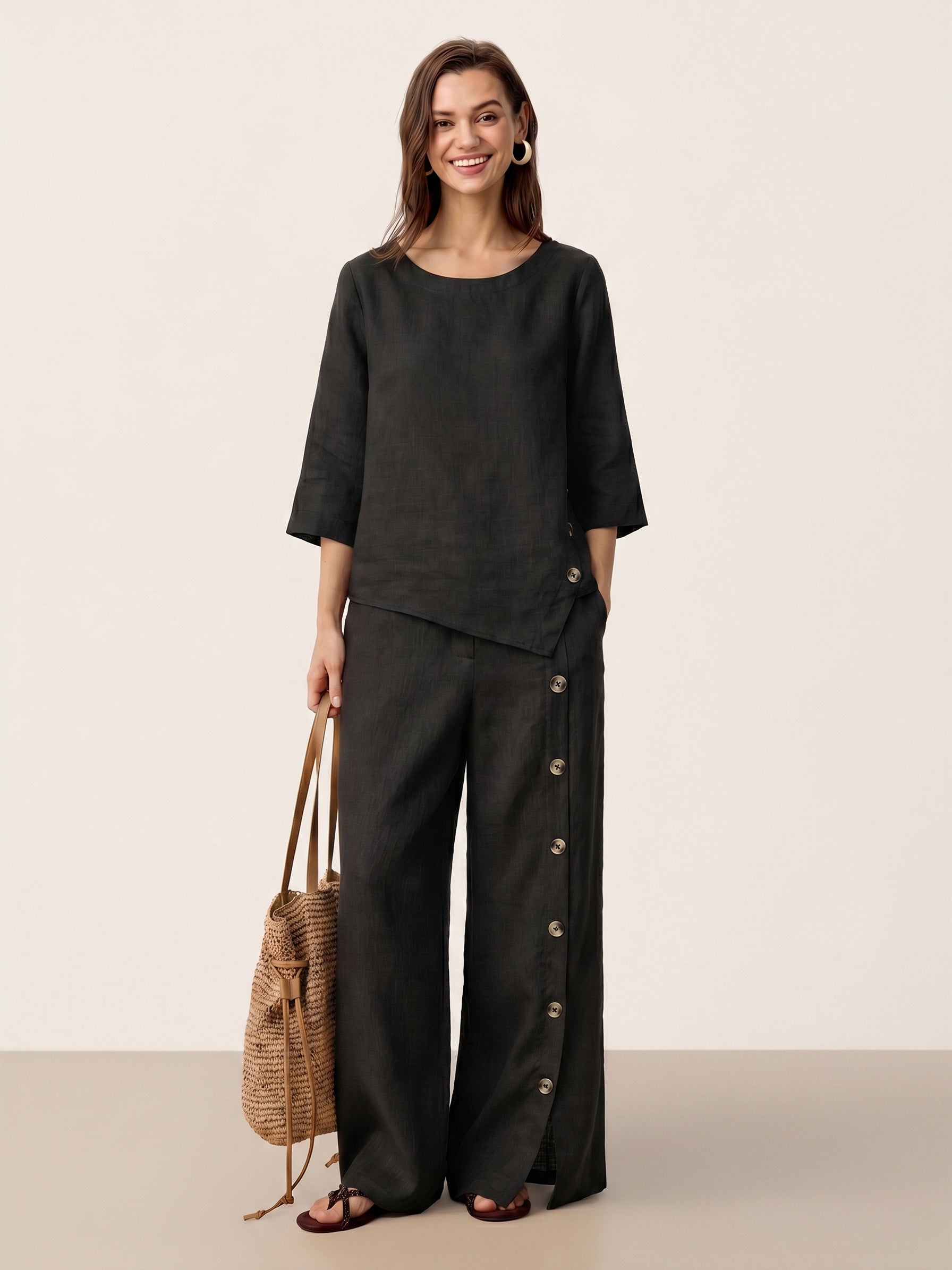 100% Linen Asymmetric-Hem Button-Trim Top NYLA
