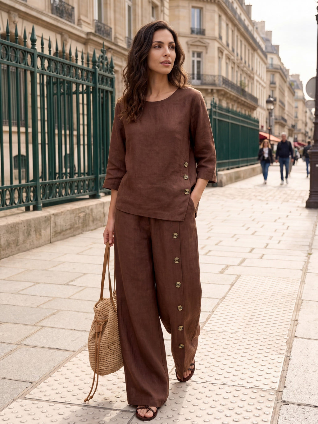 100% Linen Asymmetric-Hem Button-Trim Top NYLA
