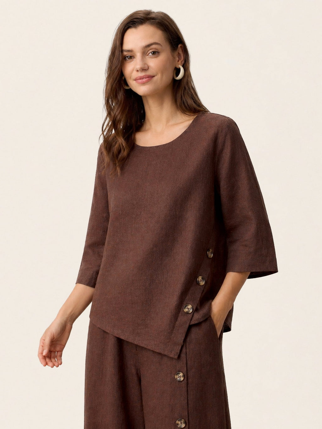 100% Linen Asymmetric-Hem Button-Trim Top NYLA