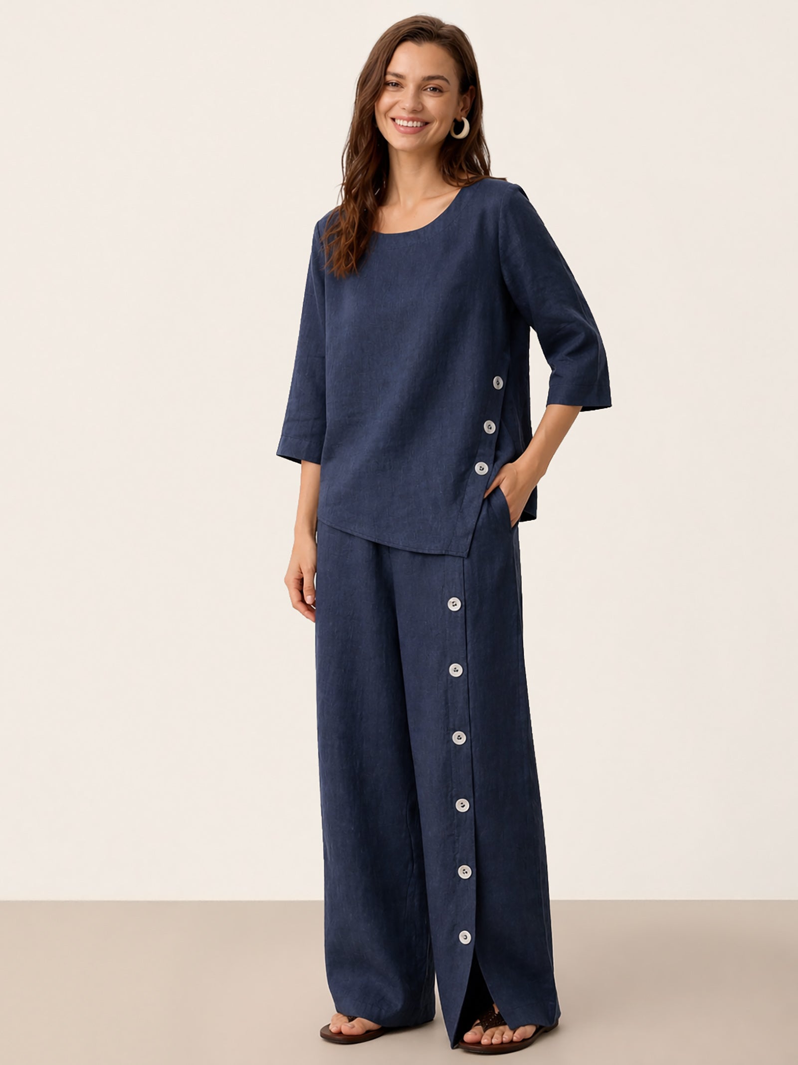 100% Linen Asymmetric-Hem Button-Trim Top NYLA