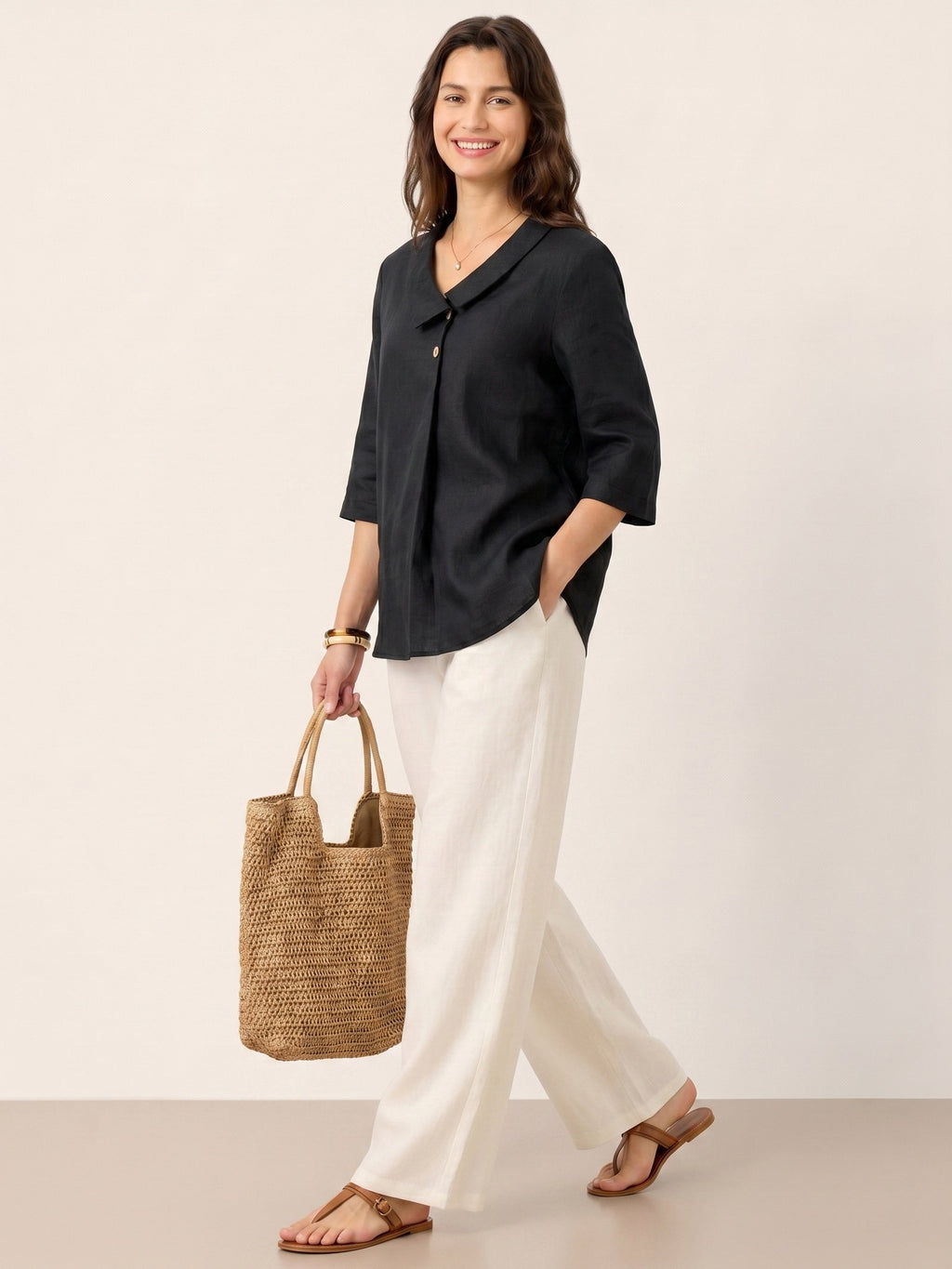 100% Linen Asymmetric Collar Inverted Pleat Top OTTILIE