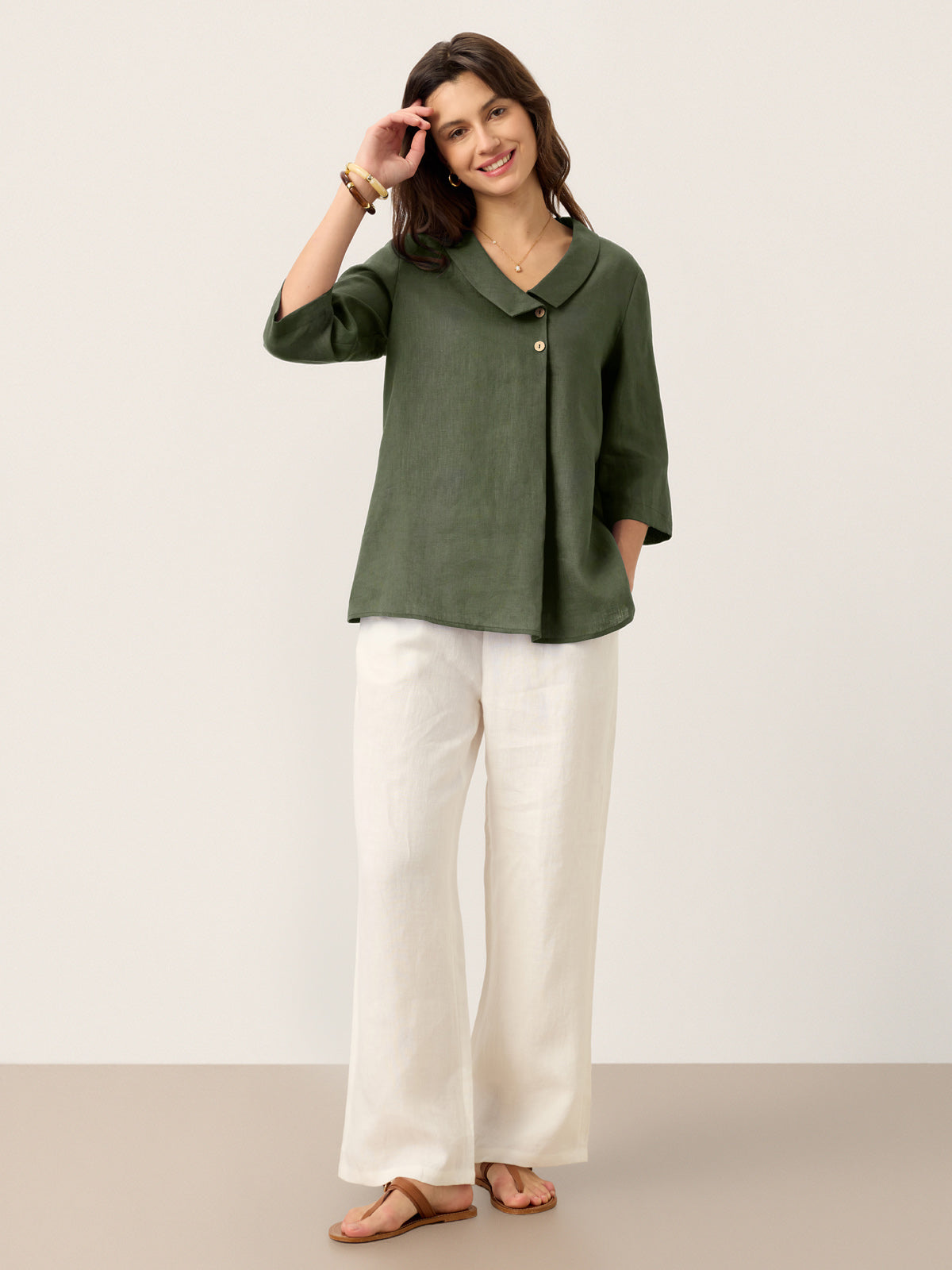 100% Linen Asymmetric Collar Inverted Pleat Top OTTILIE