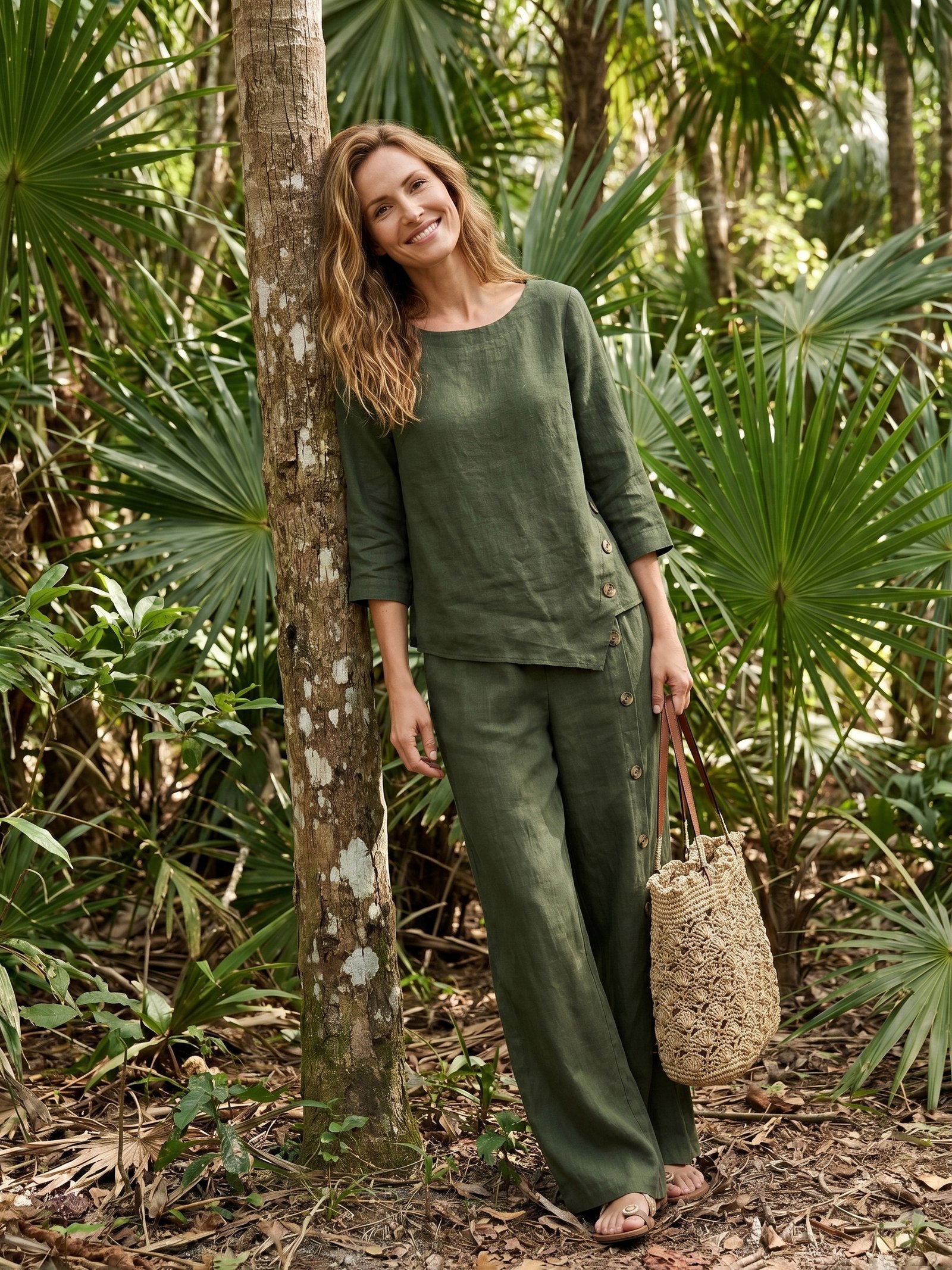 100% Linen Asymmetric-Hem Button-Trim Top NYLA