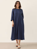 100% Linen Bateau Neck Pleated Midi Dress