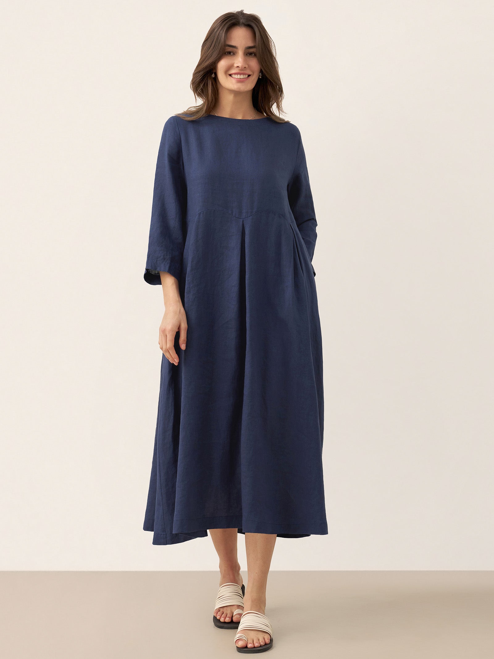 100% Linen Bateau Neck Pleated Midi Dress