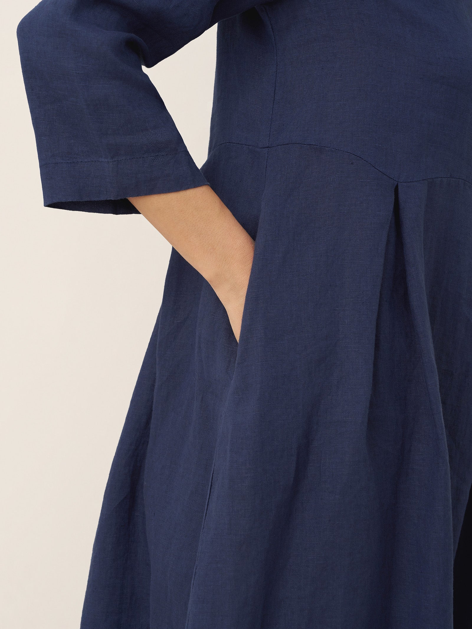 100% Linen Bateau Neck Pleated Midi Dress