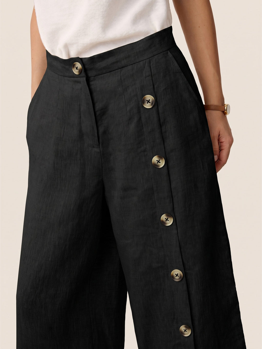100% Linen Buttoned Slit-Hem Pants KATYA