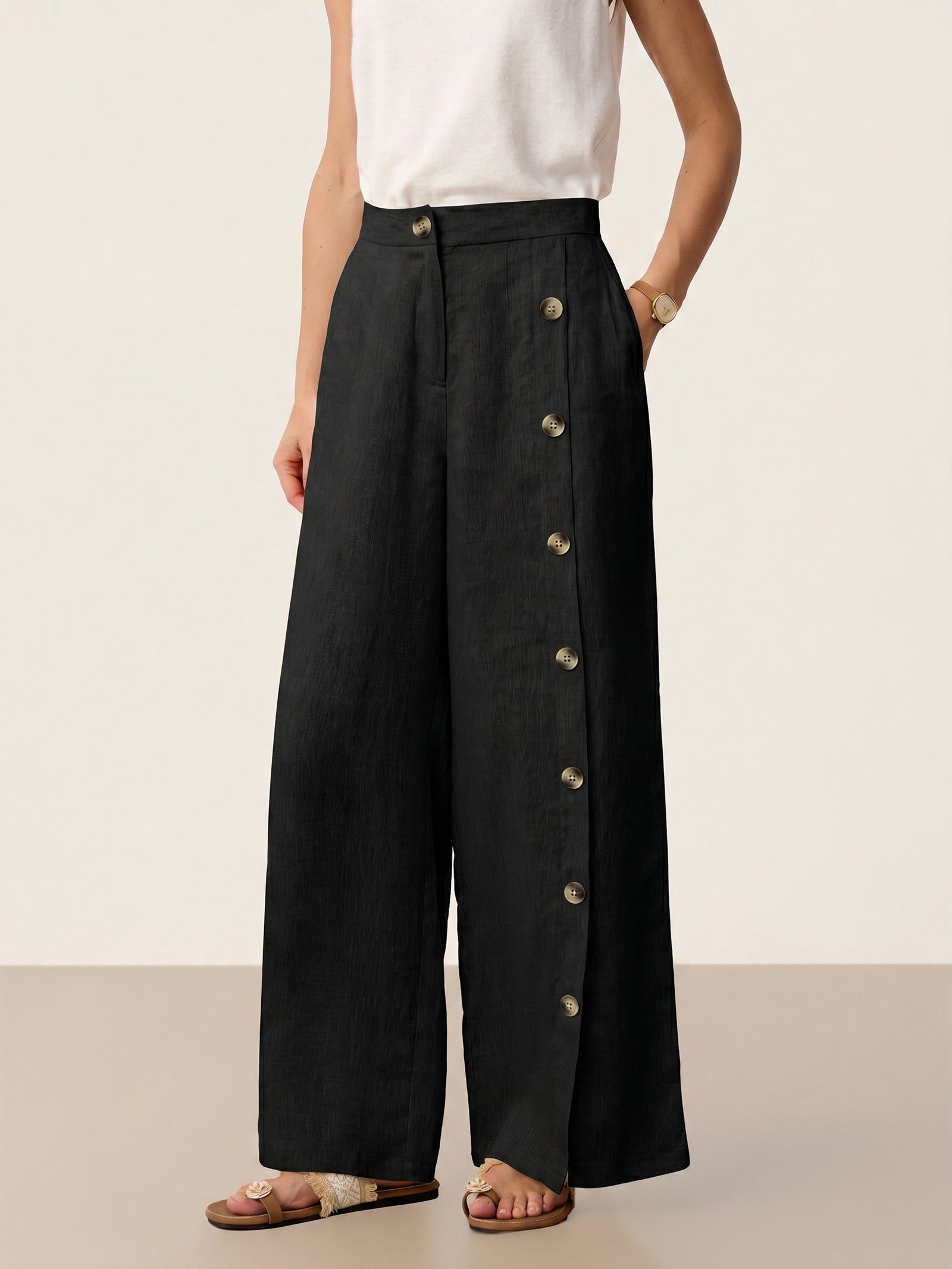 100% Linen Buttoned Slit-Hem Pants KATYA
