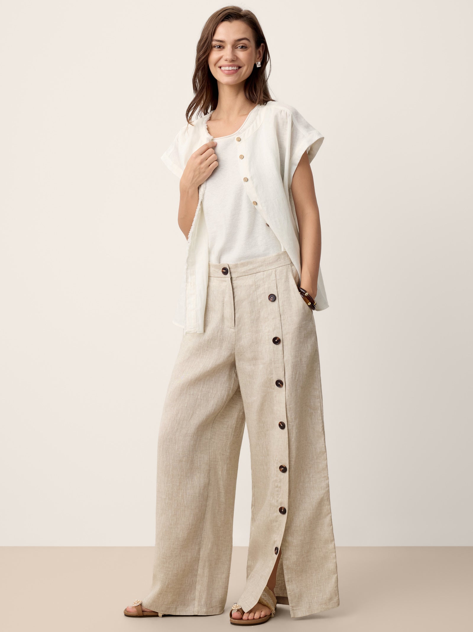 100% Linen Buttoned Slit-Hem Pants KATYA