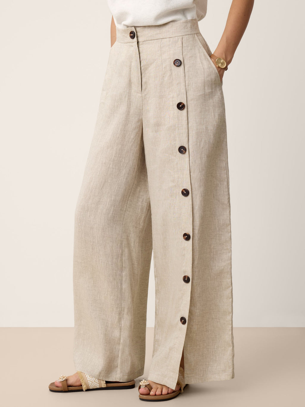 100% Linen Buttoned Slit-Hem Pants KATYA