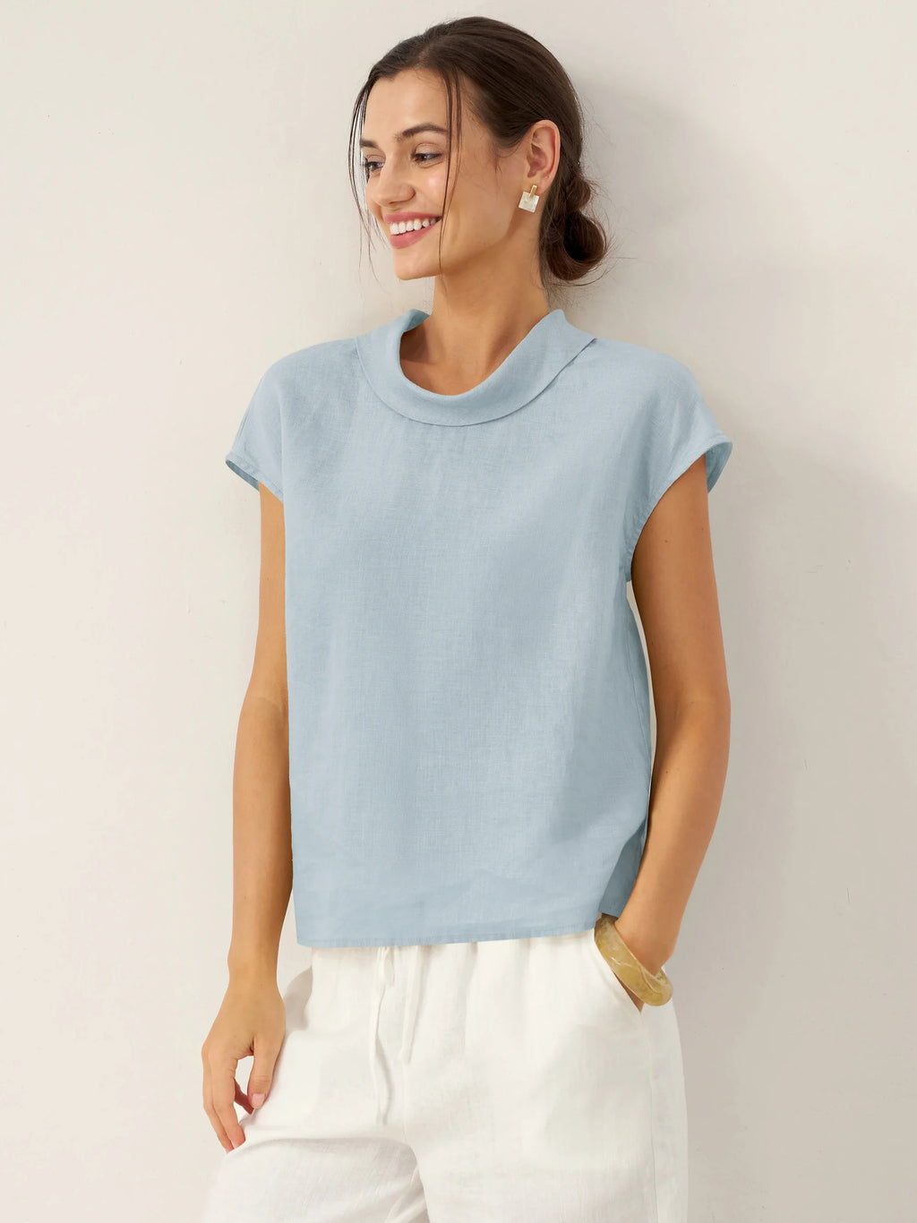 100% Linen Cap Sleeve Soft-Fold Collar Top YVONNE