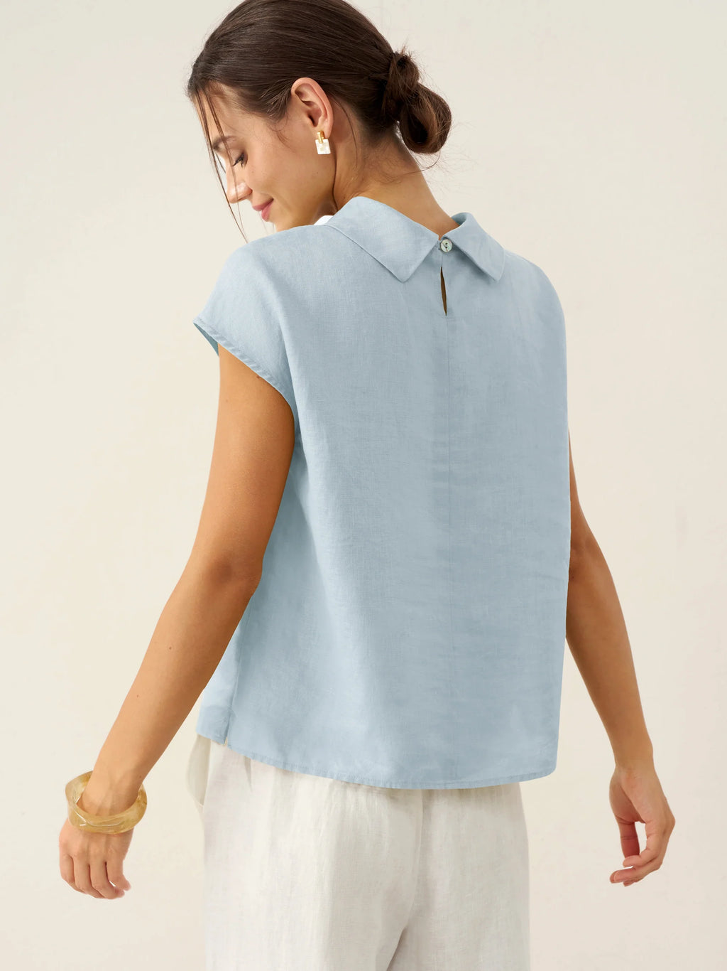100% Linen Cap Sleeve Soft-Fold Collar Top YVONNE