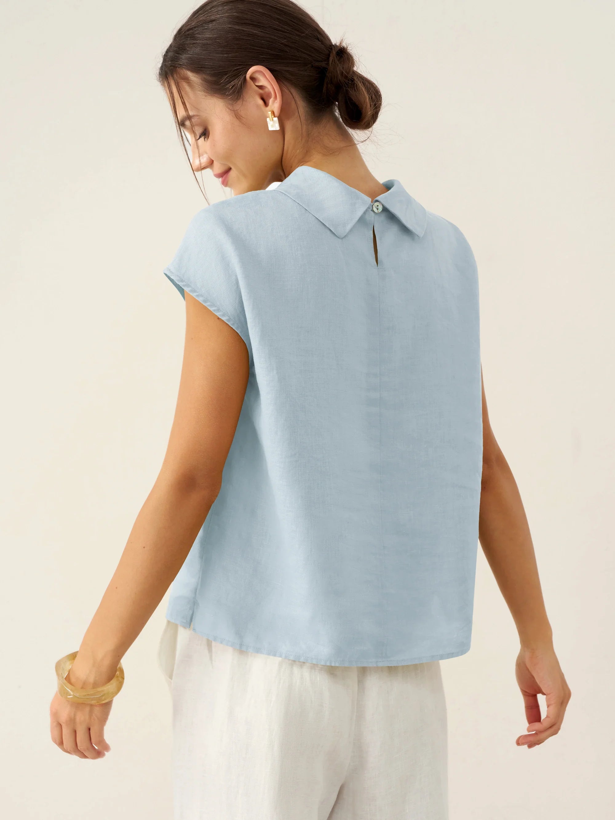 100% Linen Cap Sleeve Soft-Fold Collar Top YVONNE