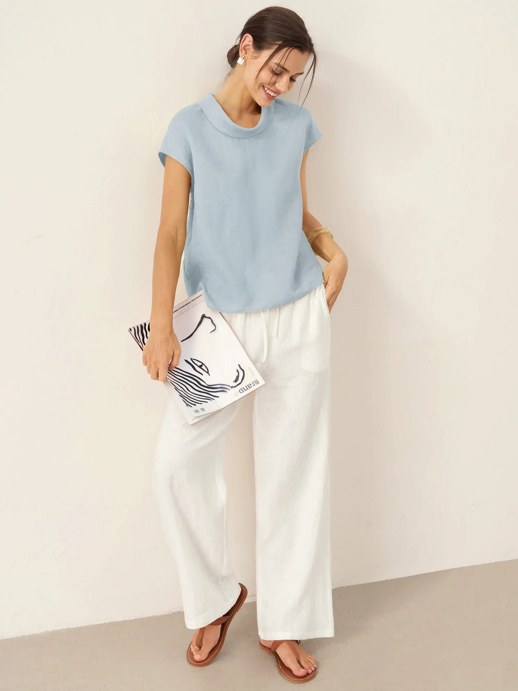 100% Linen Cap Sleeve Soft-Fold Collar Top YVONNE