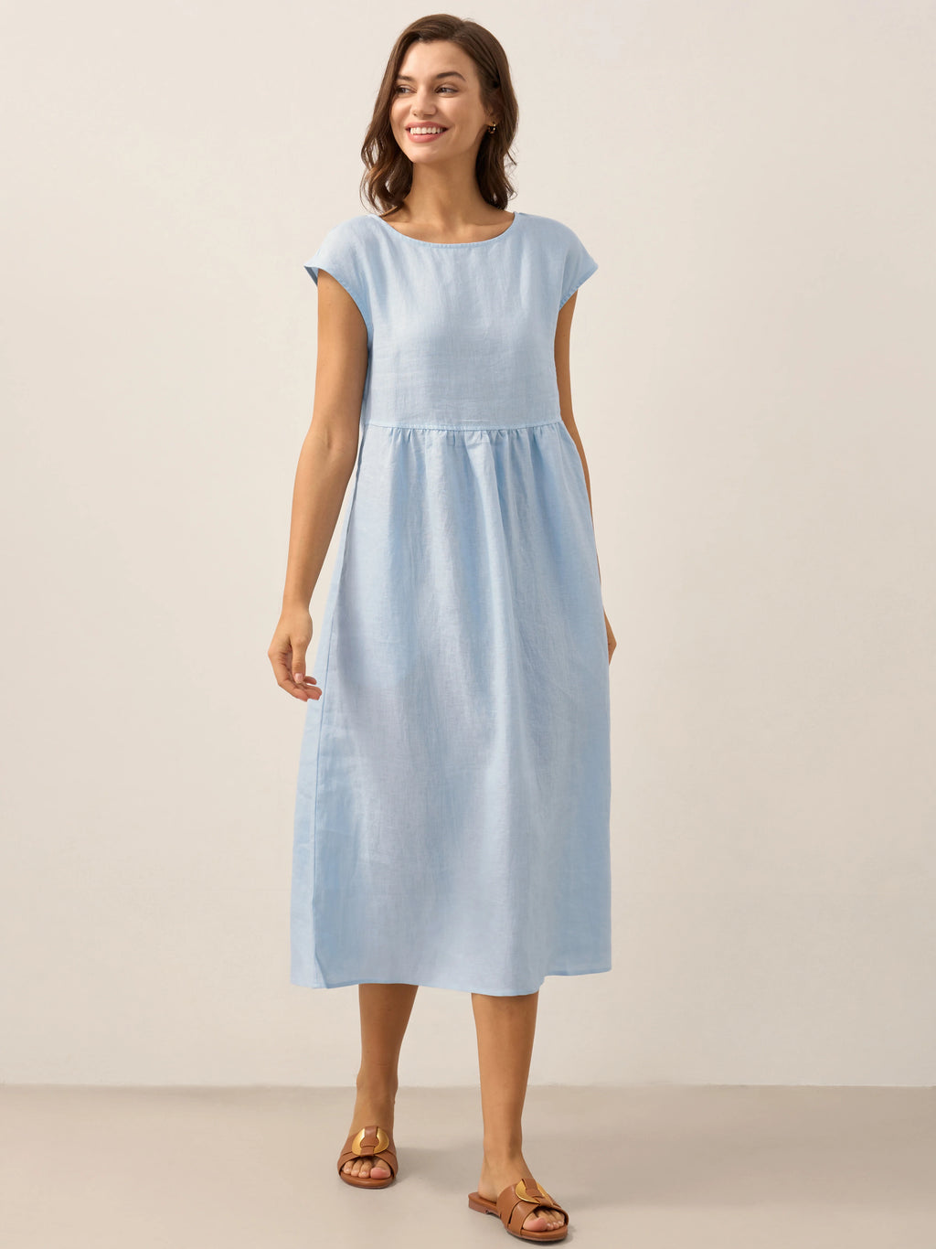 100% Linen Cap Sleeve Washed Midi Dress JOAN