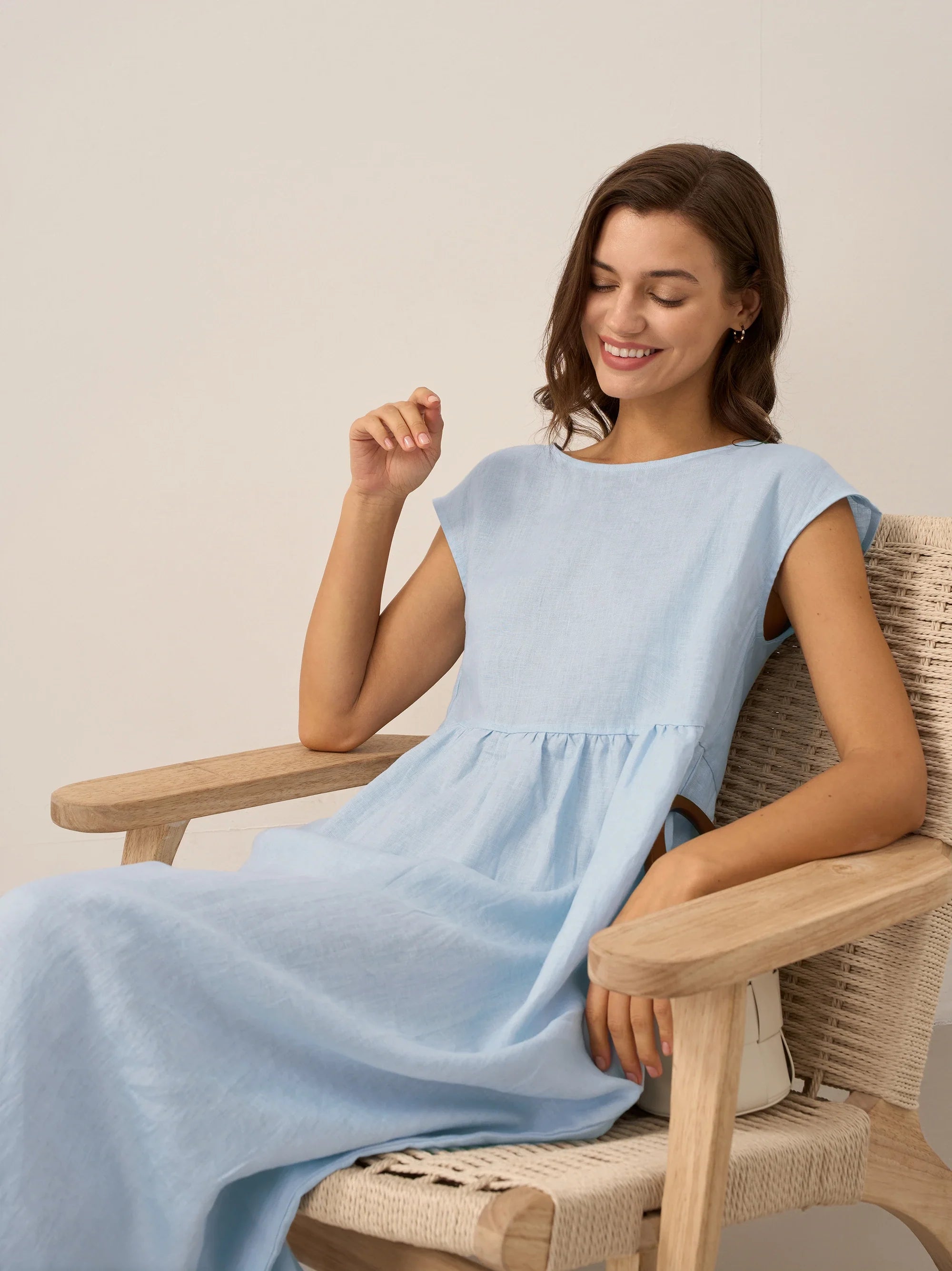 100% Linen Cap Sleeve Washed Midi Dress JOAN