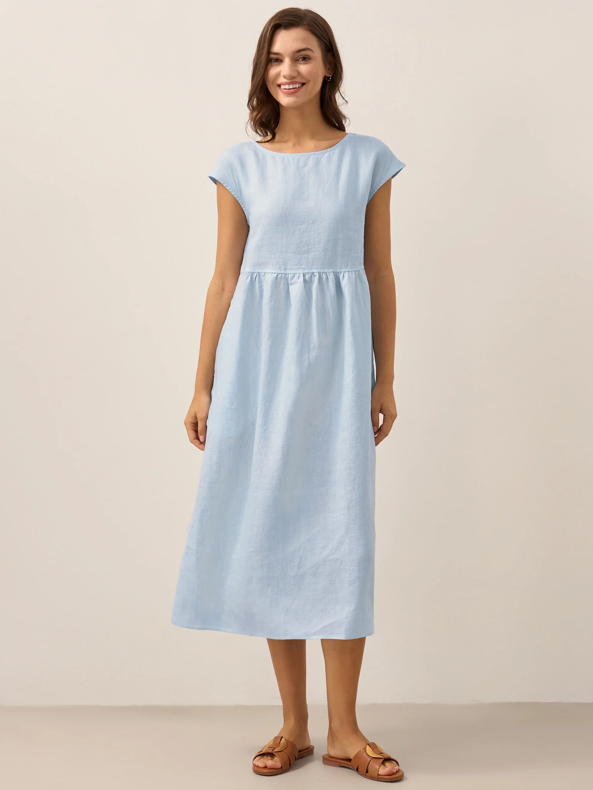 100% Linen Cap Sleeve Washed Midi Dress JOAN