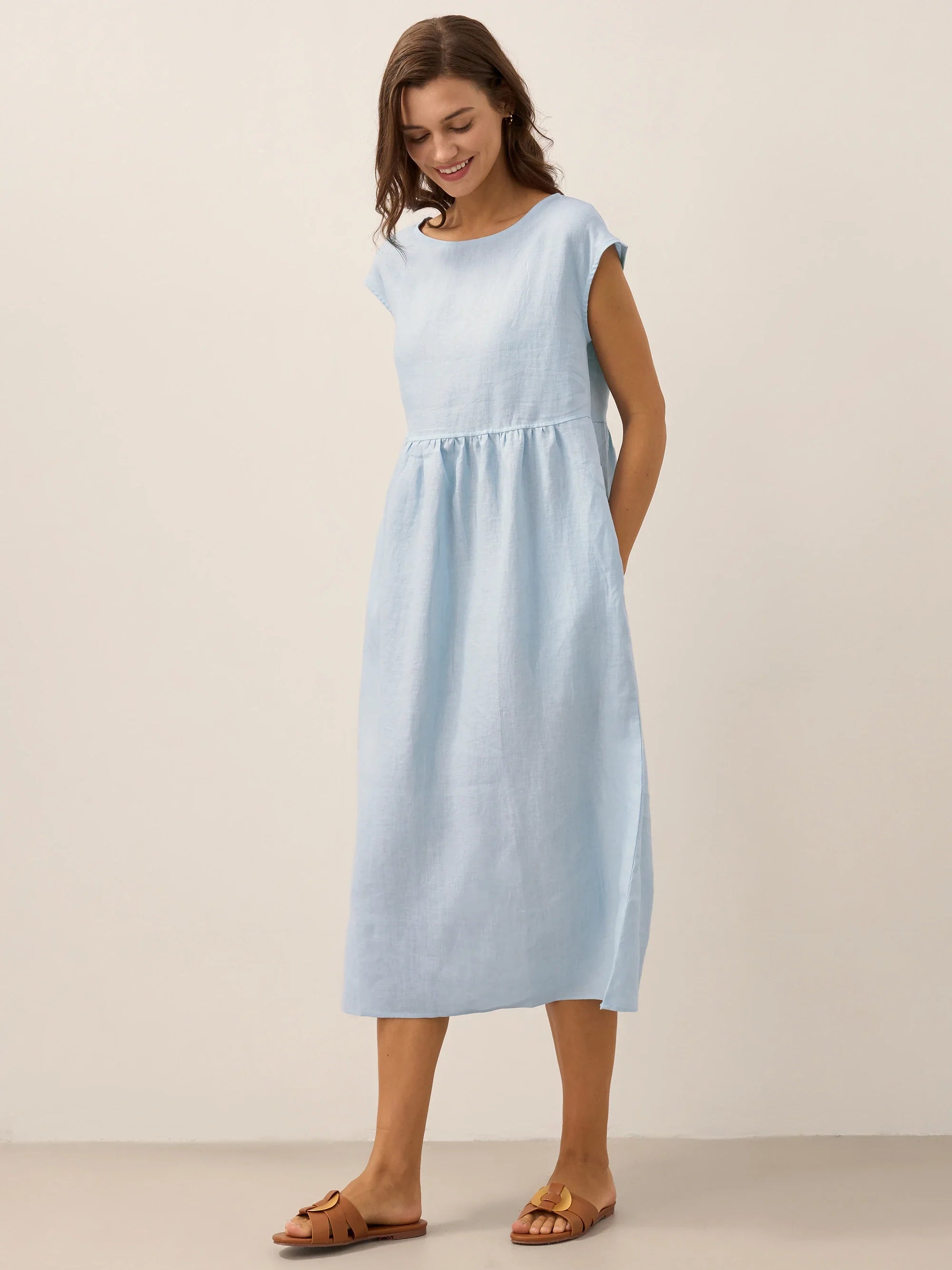 100% Linen Cap Sleeve Washed Midi Dress JOAN