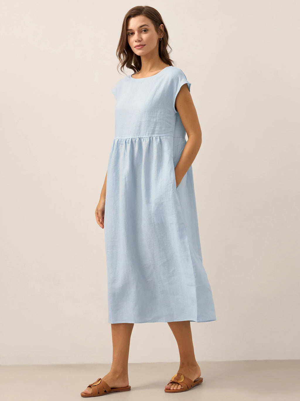 100% Linen Cap Sleeve Washed Midi Dress JOAN