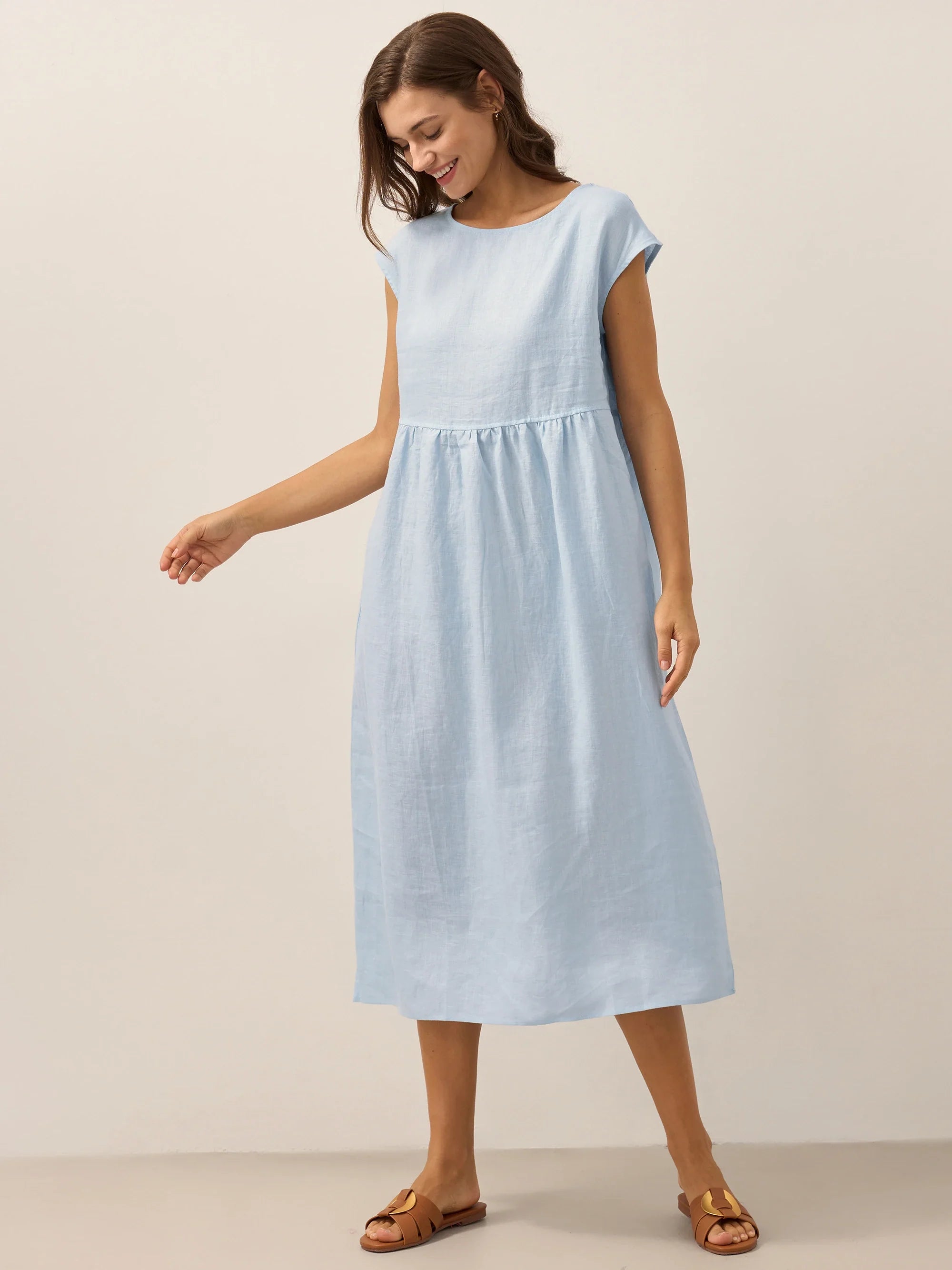 100% Linen Cap Sleeve Washed Midi Dress JOAN