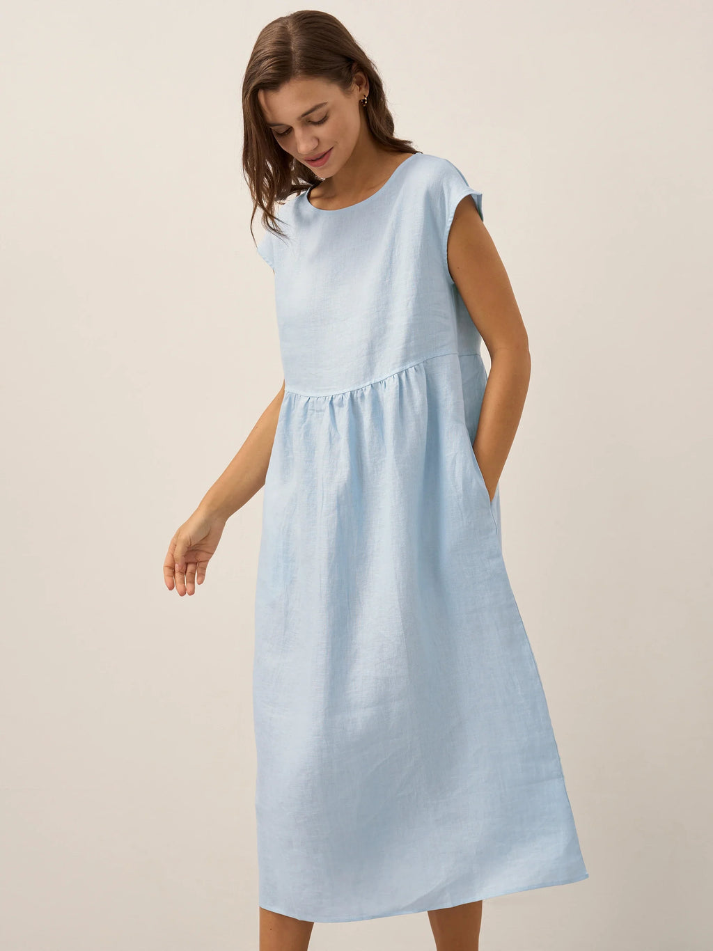 100% Linen Cap Sleeve Washed Midi Dress JOAN