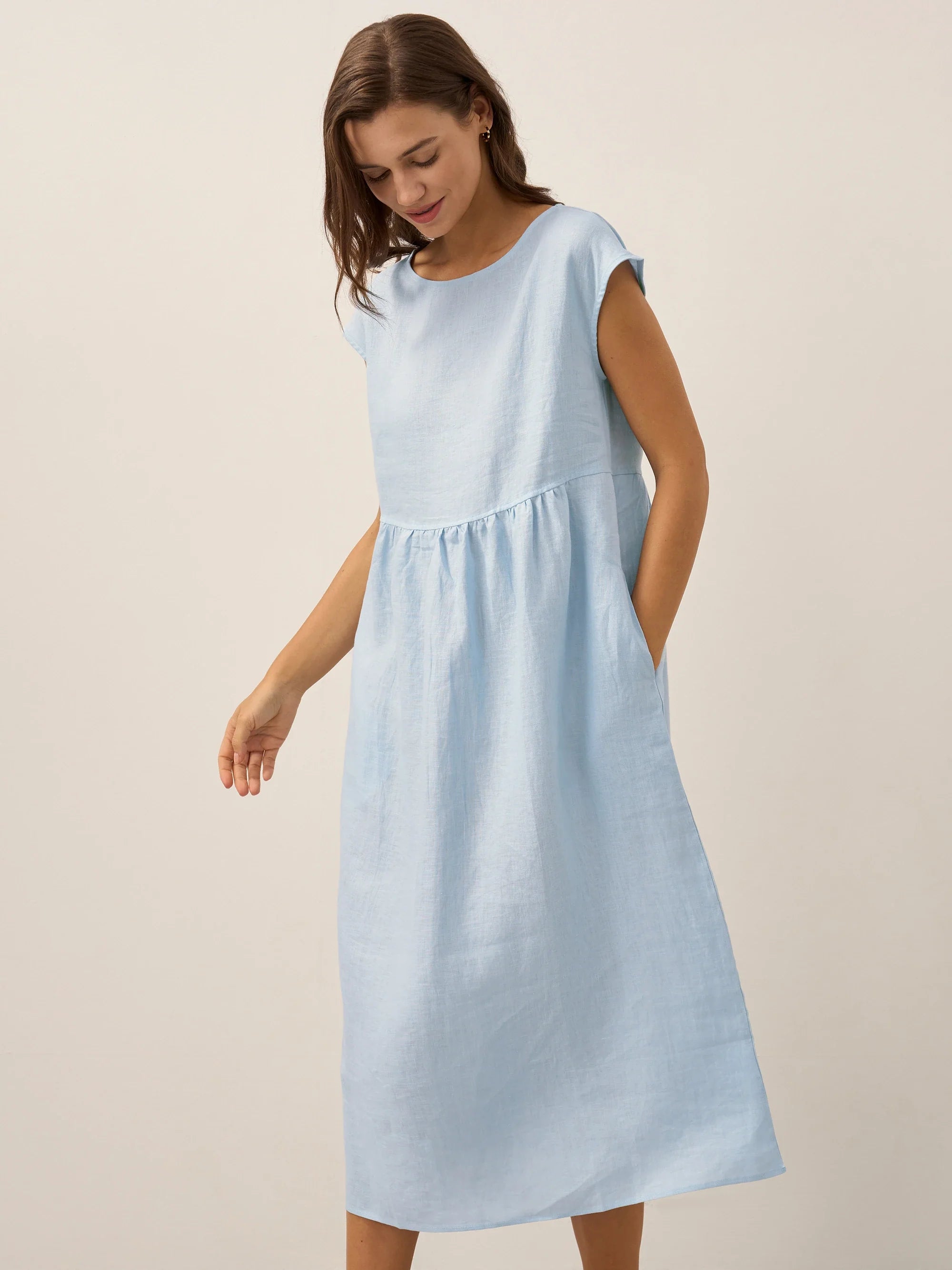 100% Linen Cap Sleeve Washed Midi Dress JOAN