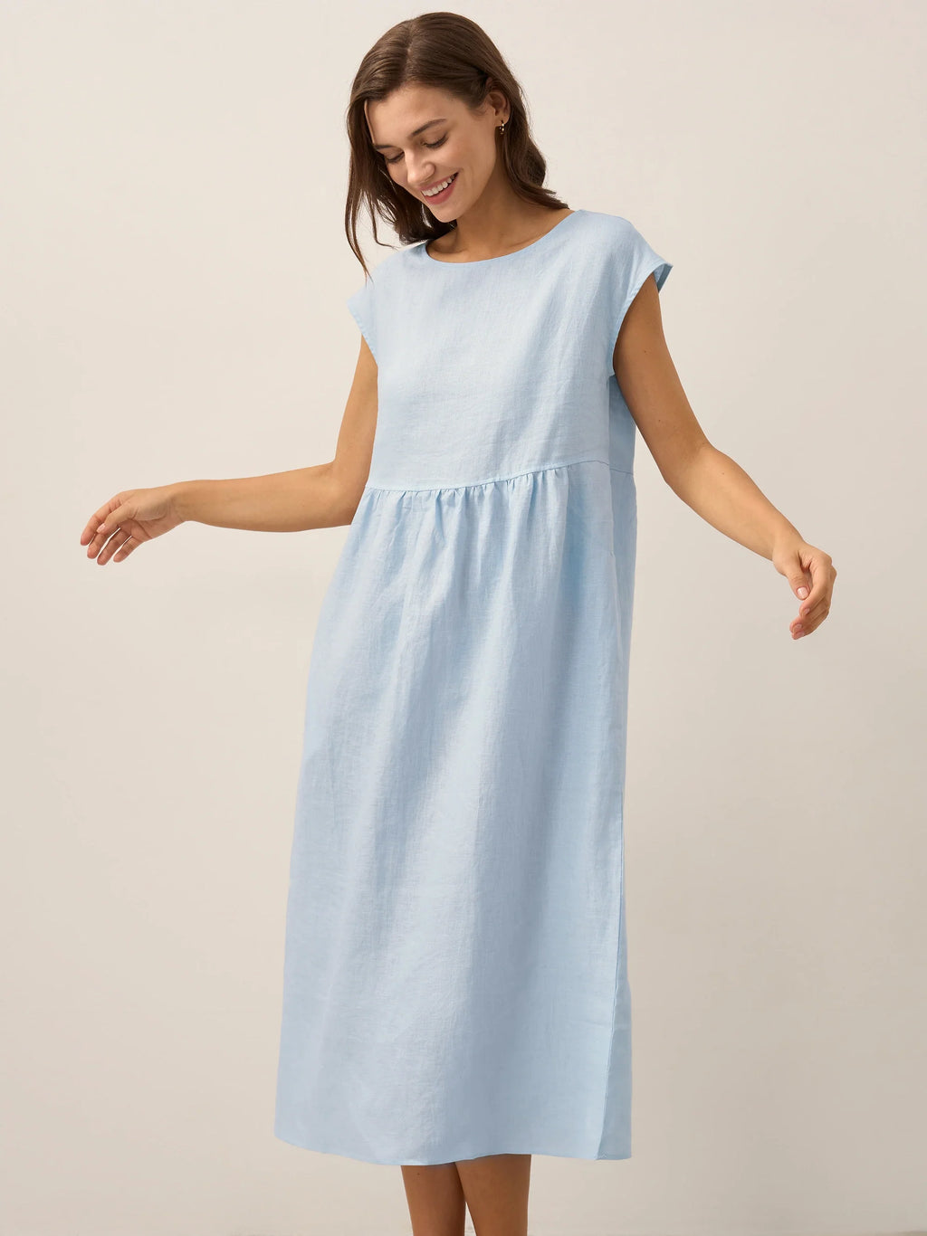 100% Linen Cap Sleeve Washed Midi Dress JOAN