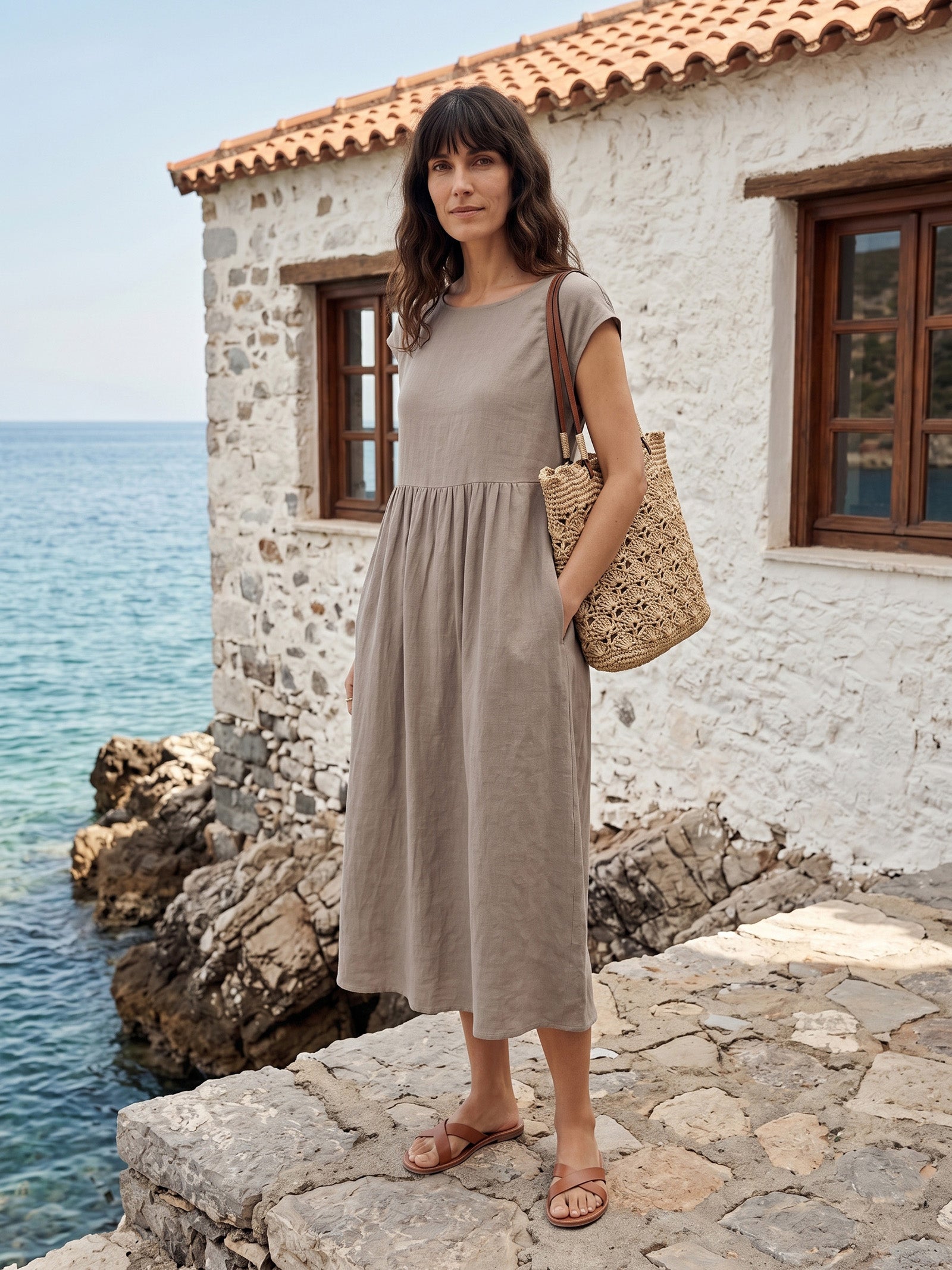 100% Linen Cap Sleeve Washed Midi Dress JOAN
