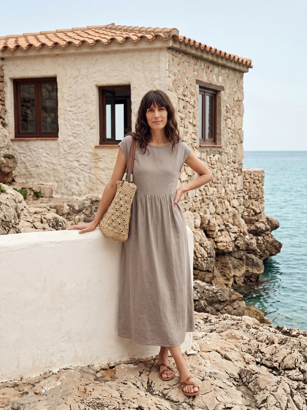 100% Linen Cap Sleeve Washed Midi Dress JOAN