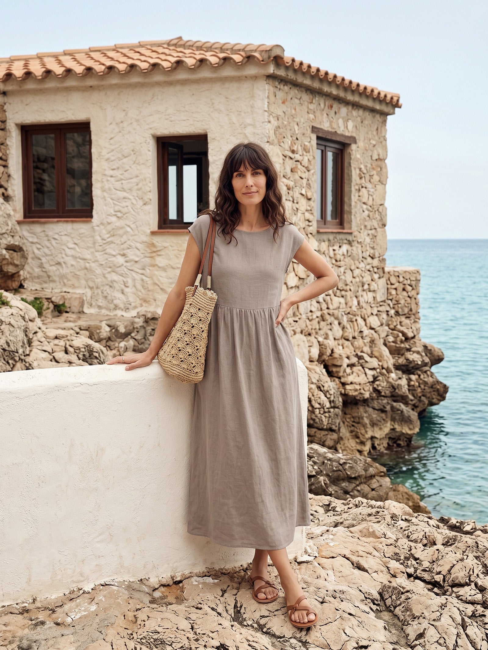 100% Linen Cap Sleeve Washed Midi Dress JOAN