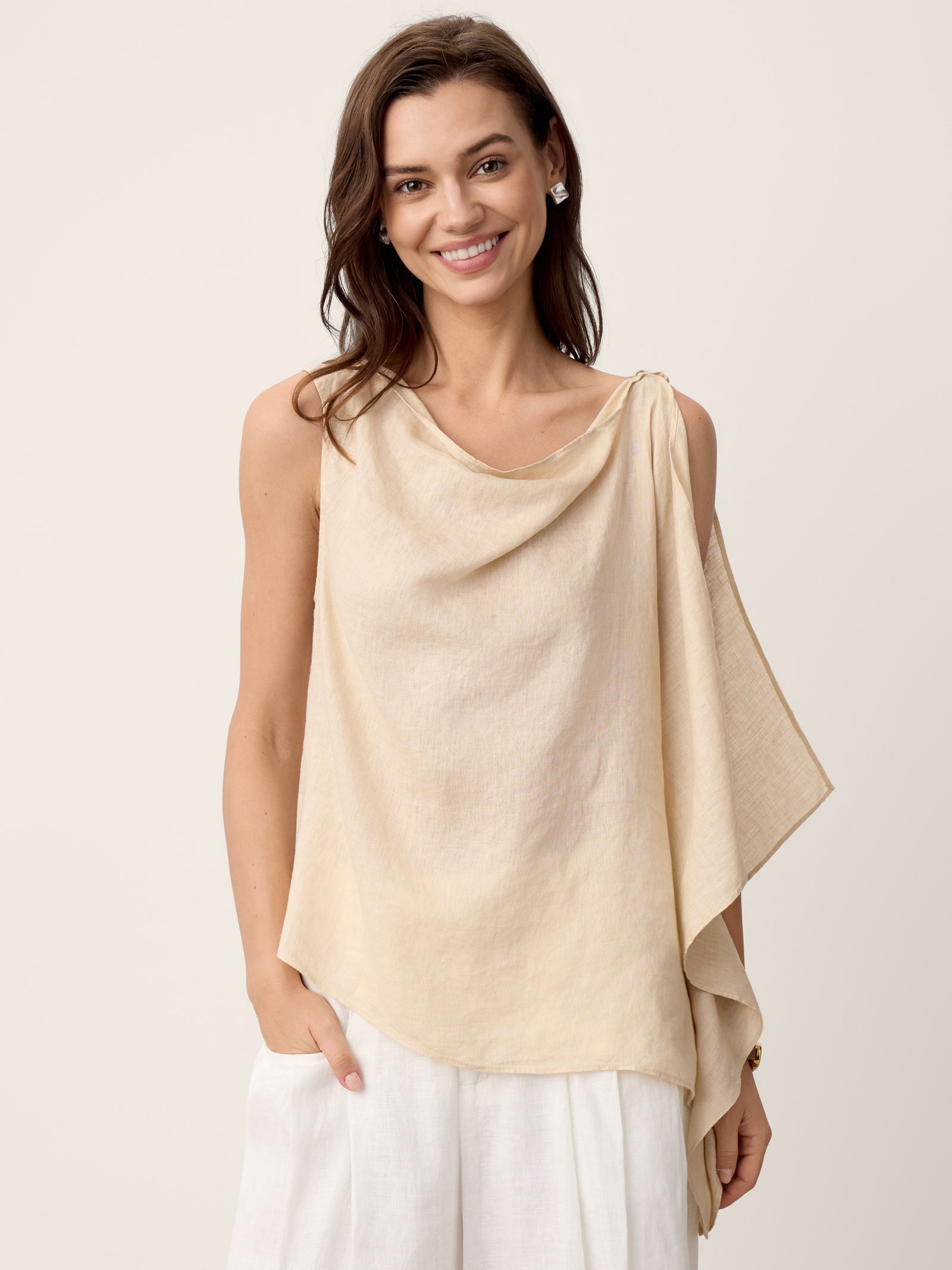 100% Linen Cowl-Neck Asymmetric Top LEVINA
