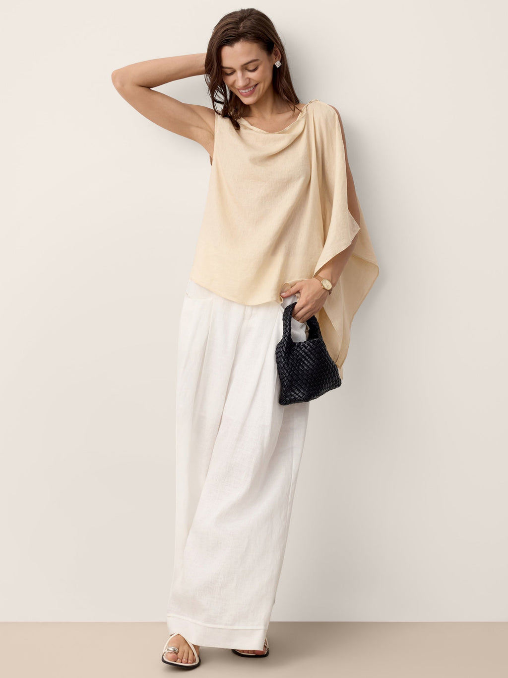 100% Linen Cowl-Neck Asymmetric Top LEVINA