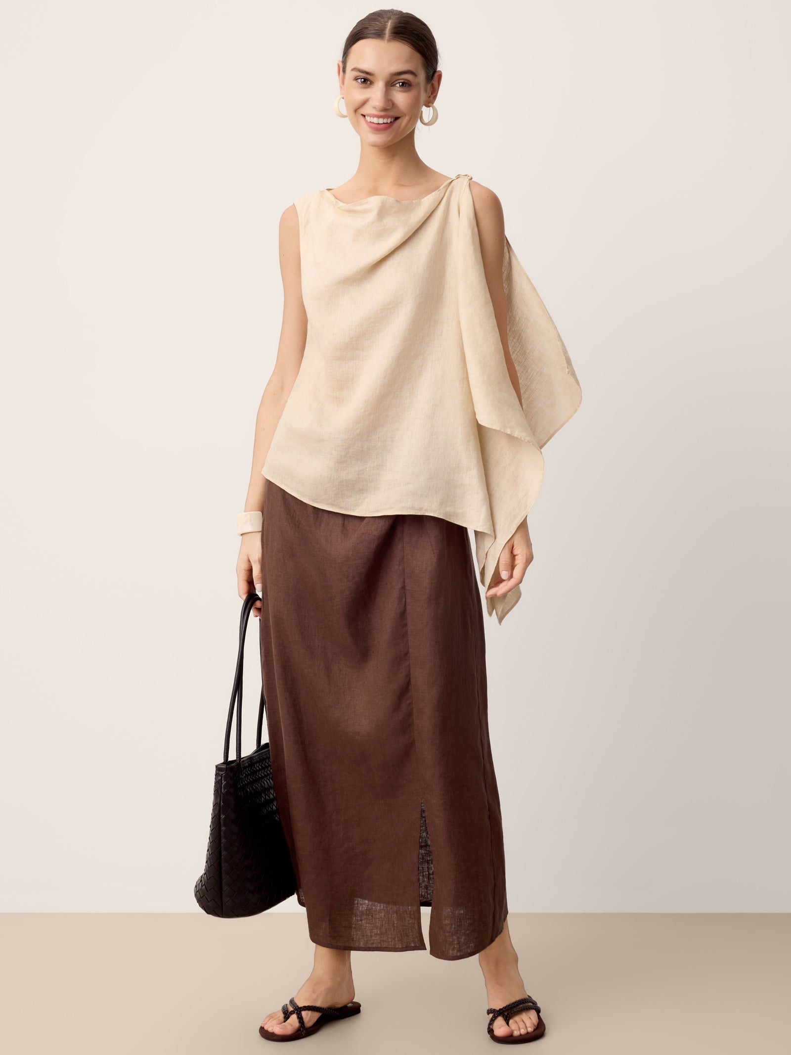 100% Linen Cowl-Neck Asymmetric Top LEVINA