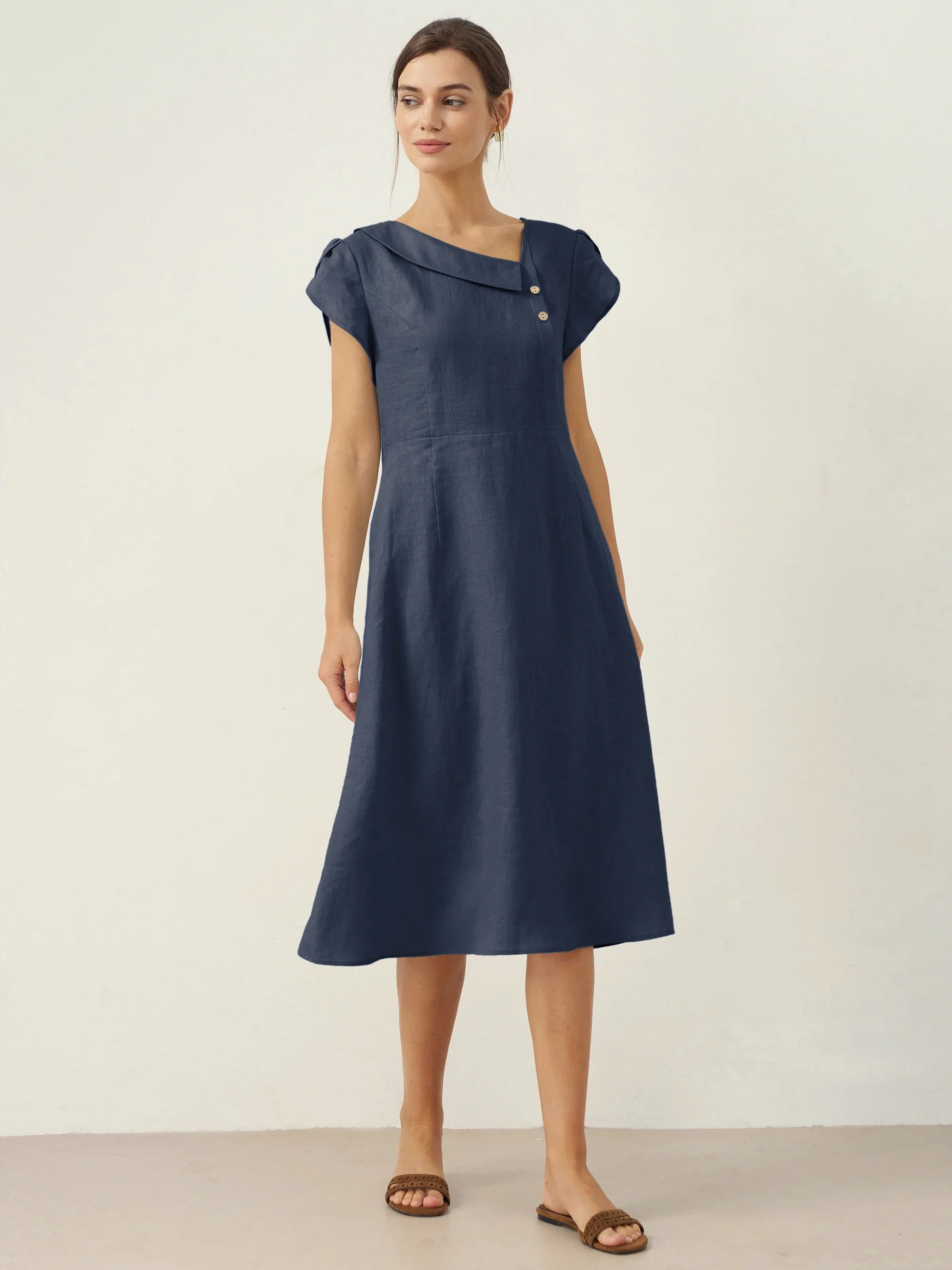 100% Linen Crescent Collar Flutter Sleeve Mini Dress FIONA