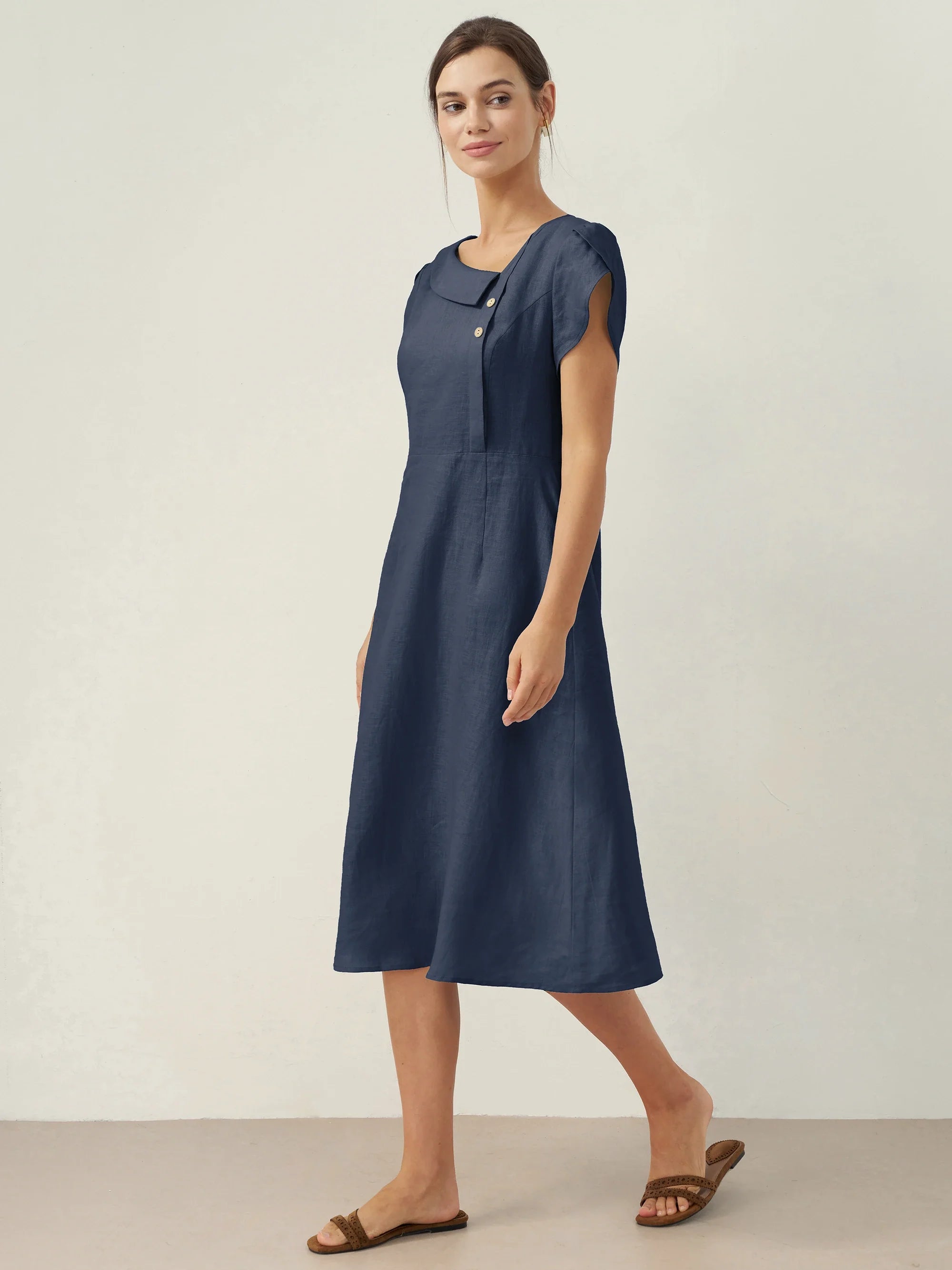 100% Linen Crescent Collar Flutter Sleeve Mini Dress FIONA