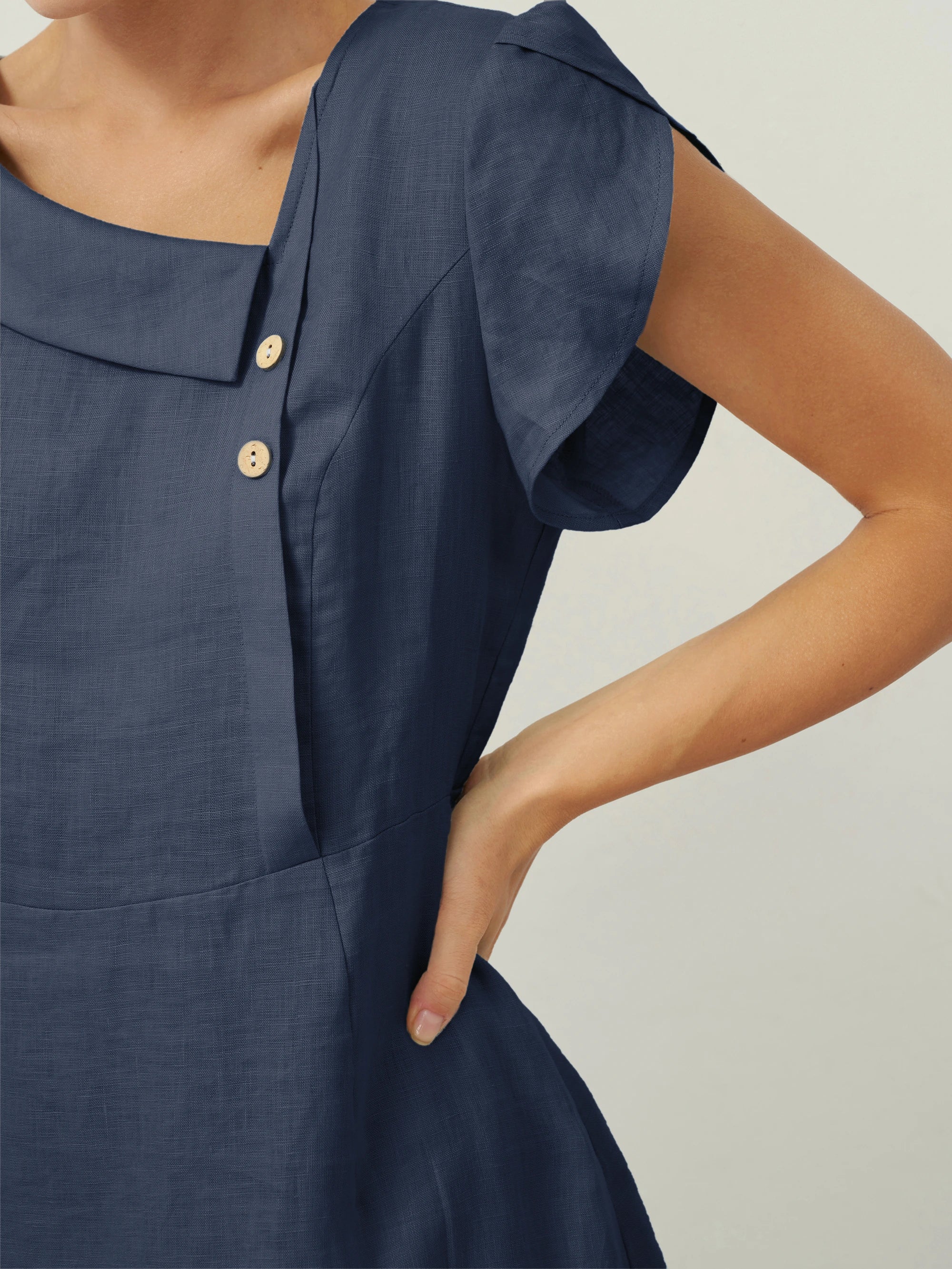 100% Linen Crescent Collar Flutter Sleeve Mini Dress FIONA