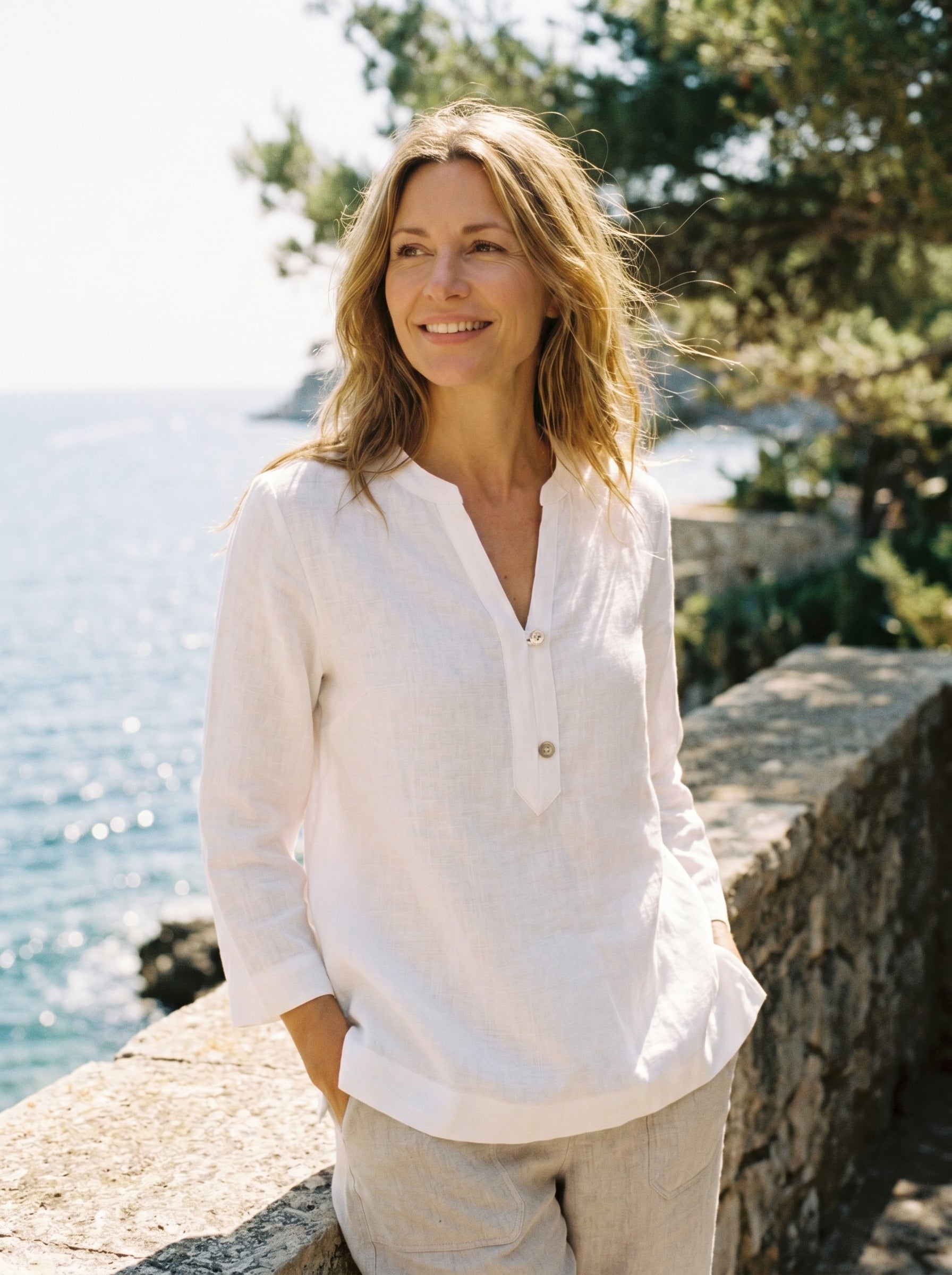 100% Linen Deep V-Neck Pullover with Button-Trim JOLYNE