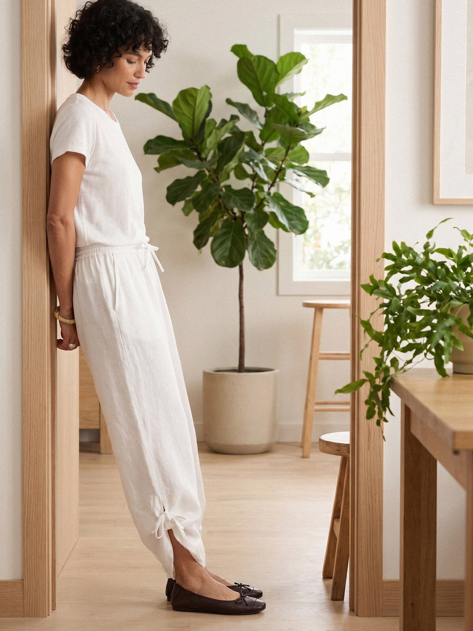 100% Linen Convertible Drawstring Hem Elasticated Waist Wide-Leg Pants YSELINE
