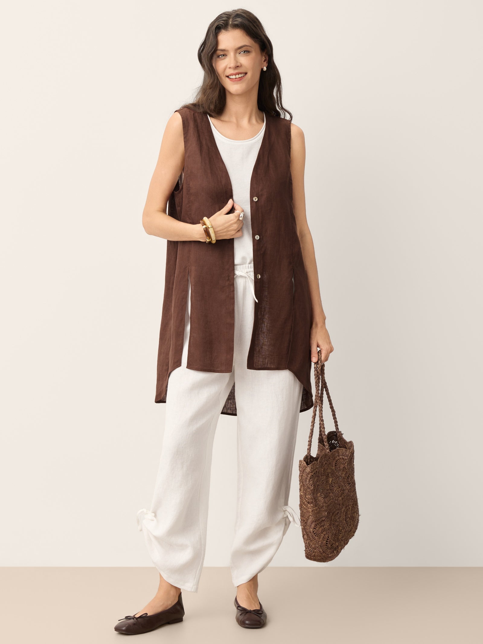 100% Linen Convertible Drawstring Hem Elasticated Waist Wide-Leg Pants YSELINE