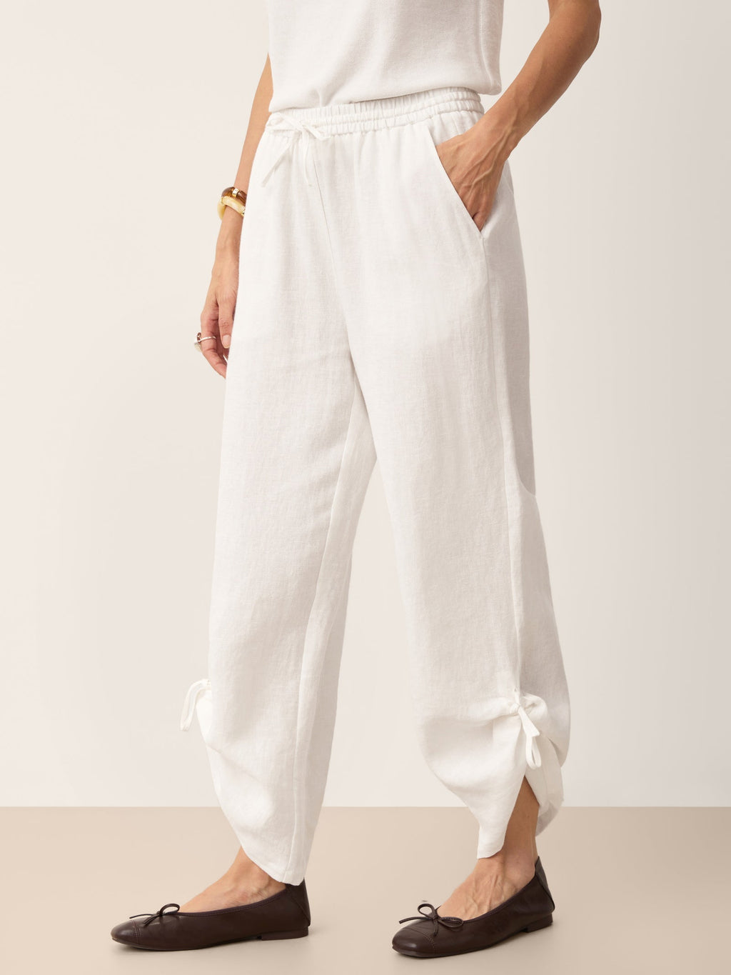 100% Linen Convertible Drawstring Hem Elasticated Waist Wide-Leg Pants YSELINE