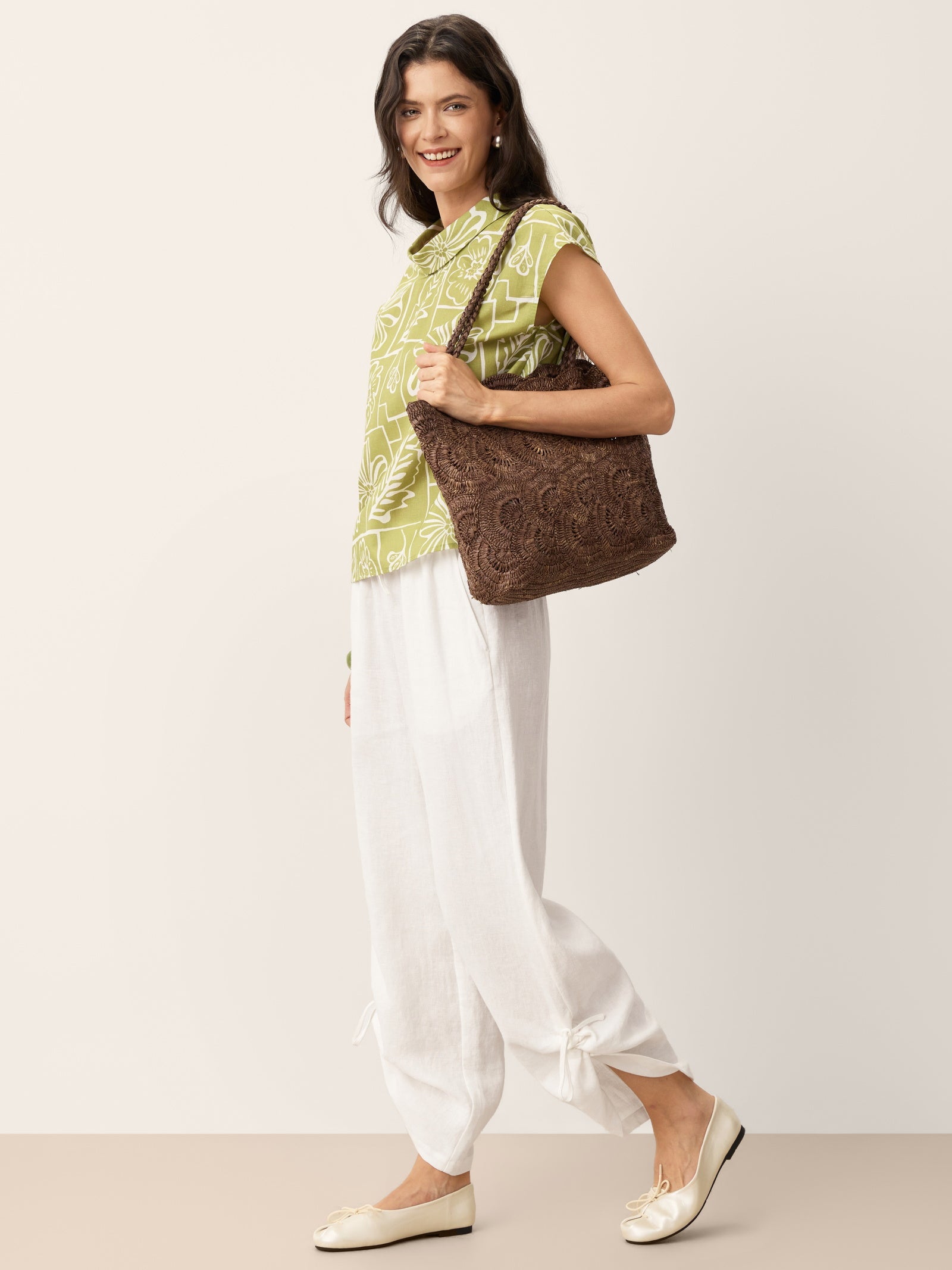 100% Linen Convertible Drawstring Hem Elasticated Waist Wide-Leg Pants YSELINE
