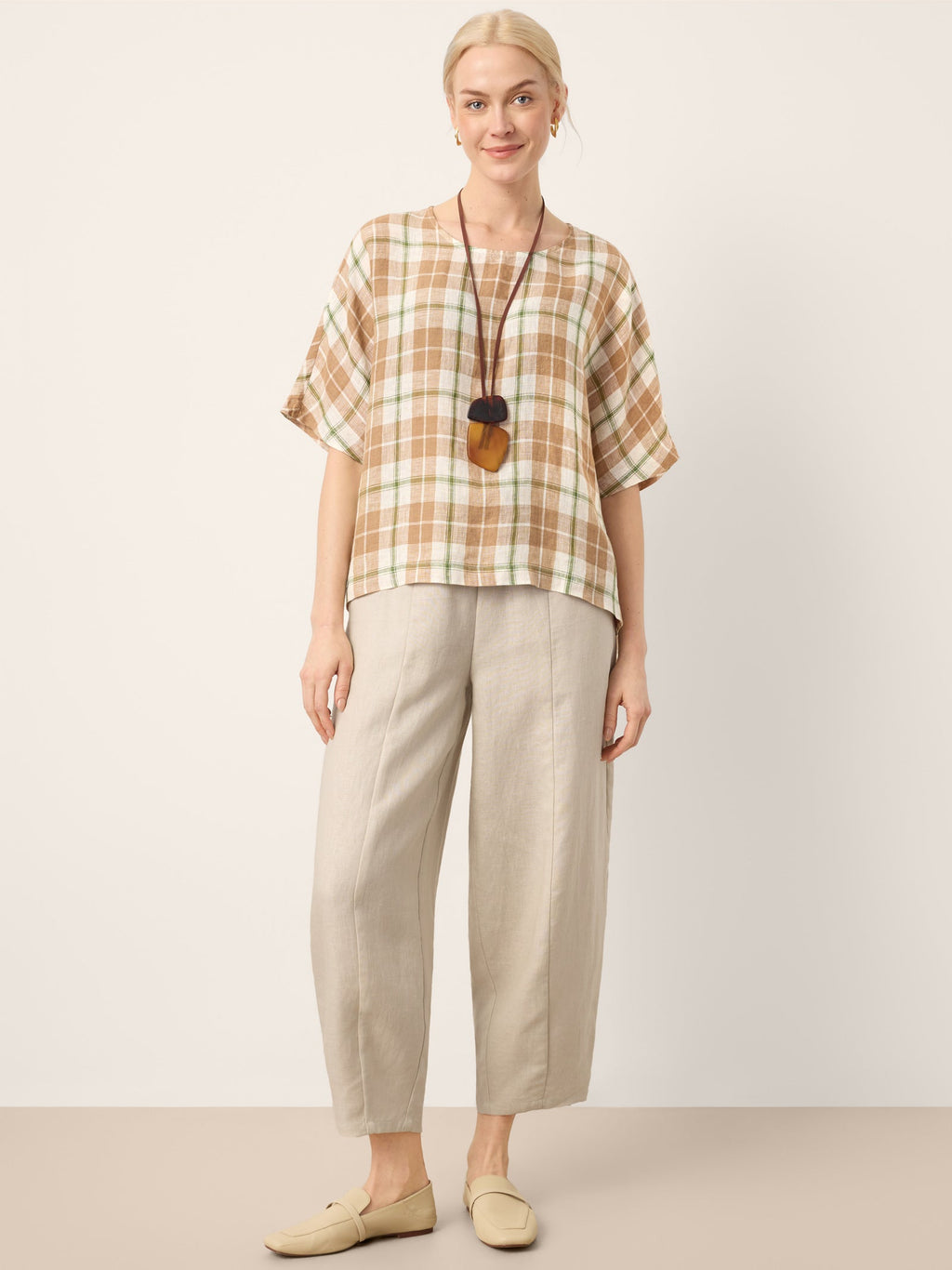 100% Linen Drawstring Waist Tapered Cropped Pants LANEY