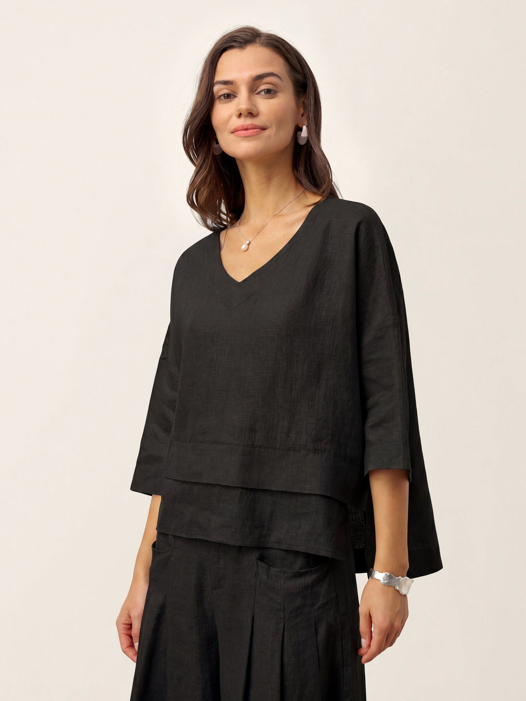 100% Linen Drop Shoulder Asymmetric Layered Hem Overtop VIOLA