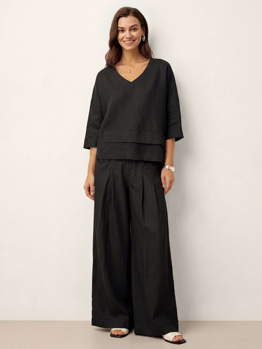 100% Linen Drop Shoulder Asymmetric Layered Hem Overtop VIOLA
